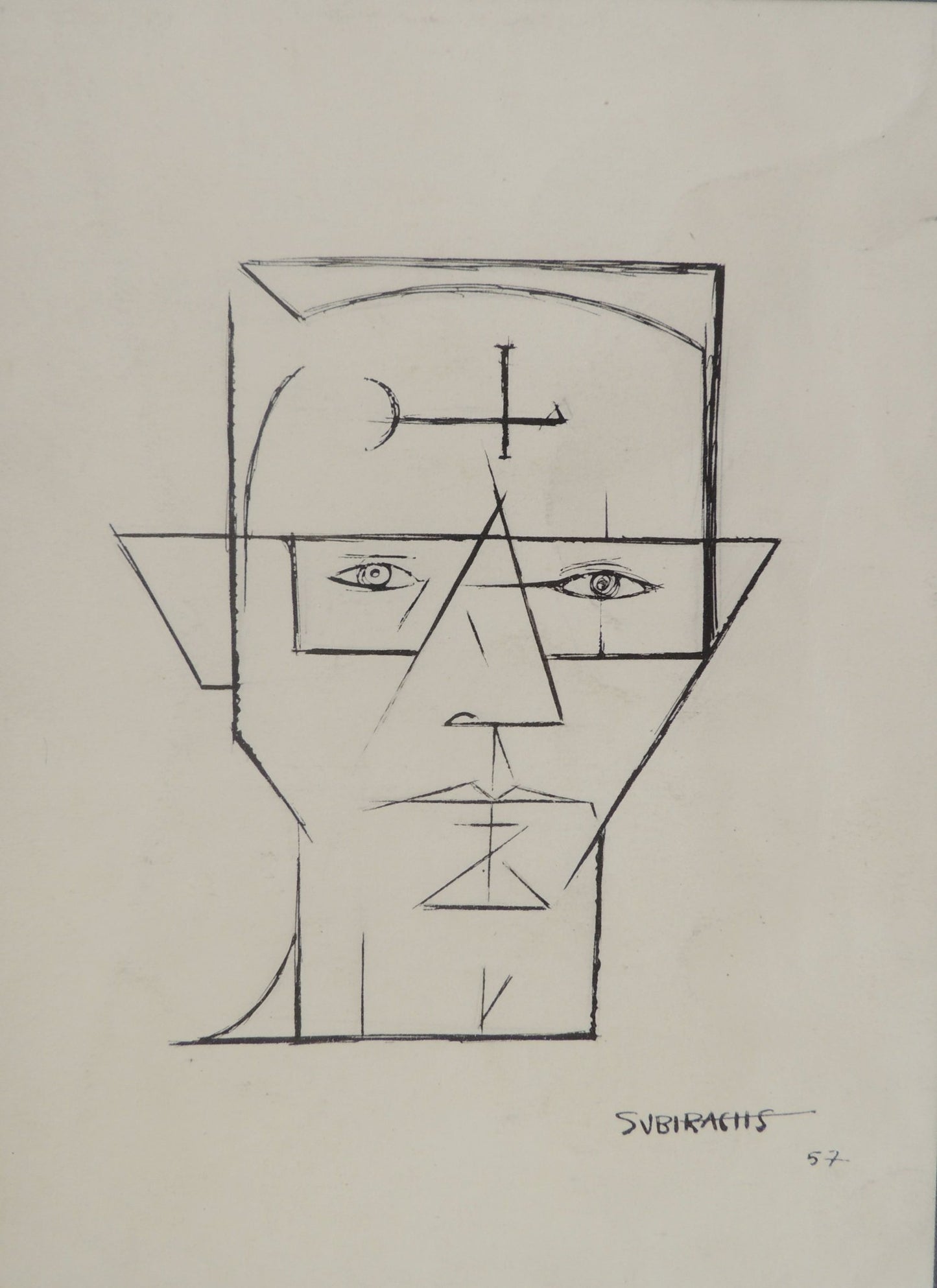 Dibujo a tinta de Subirachs con figuras geométricas abstractas en una cara y rostro lineal en la otra, sobre papel, retrato