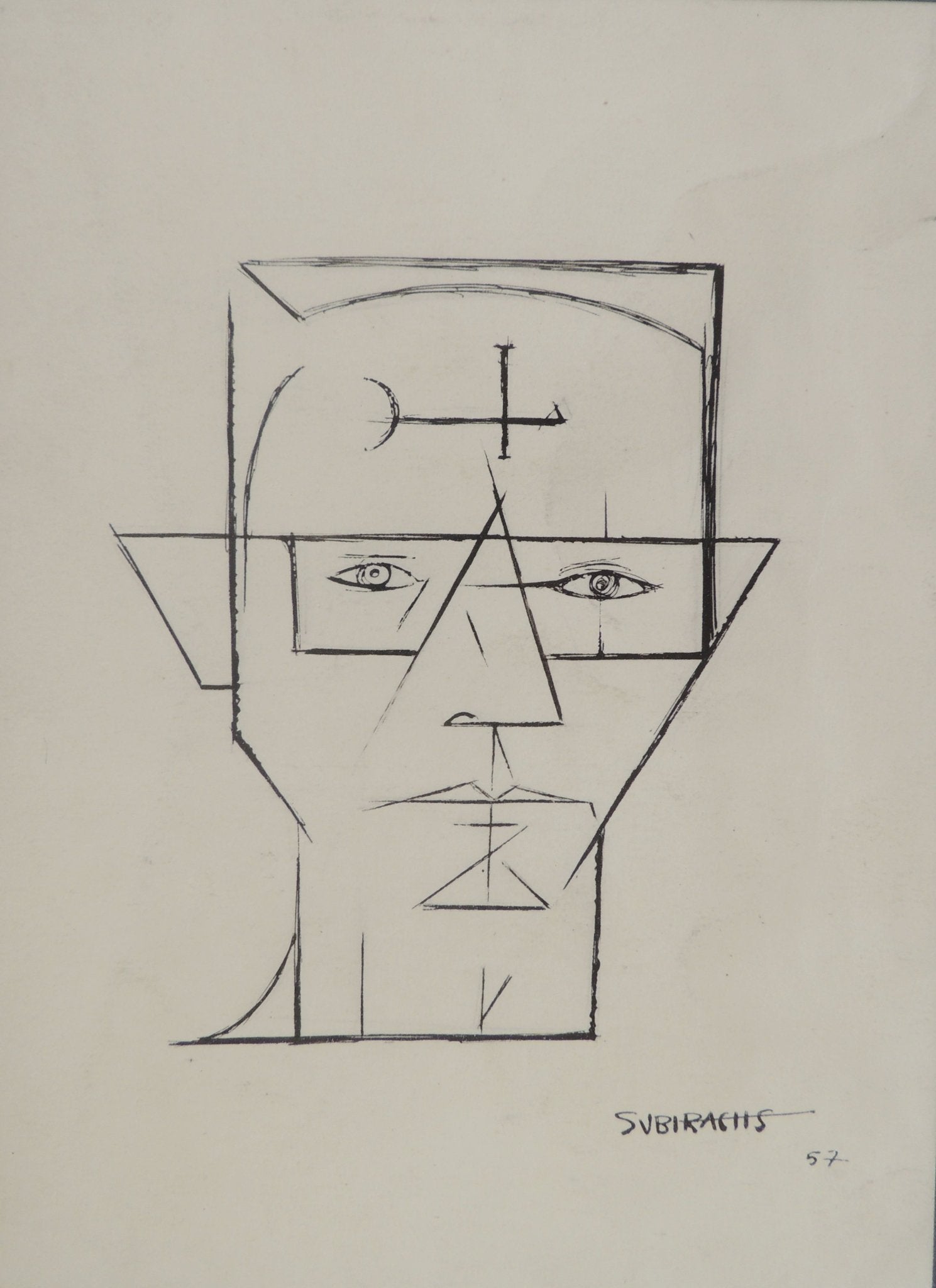 Dibujo a tinta de Subirachs con figuras geométricas abstractas en una cara y rostro lineal en la otra, sobre papel, retrato