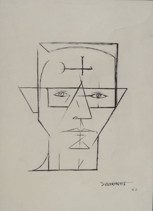 Dibujo a tinta de Subirachs con figuras geométricas abstractas en una cara y rostro lineal en la otra, sobre papel, retrato