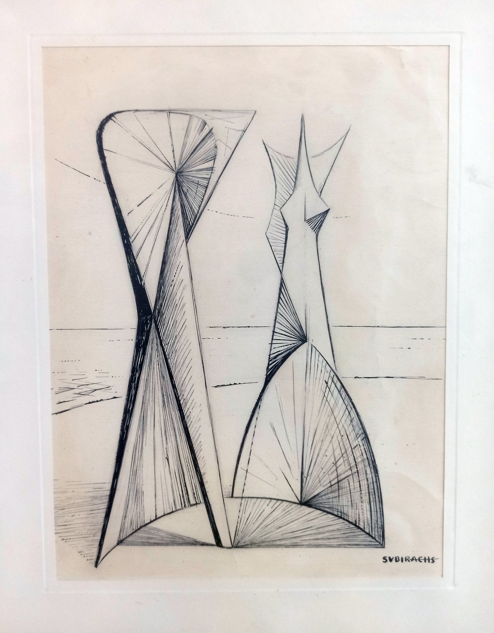 Dibujo a tinta de Subirachs con figuras geométricas abstractas en una cara y rostro lineal en la otra, sobre papel con passpartout