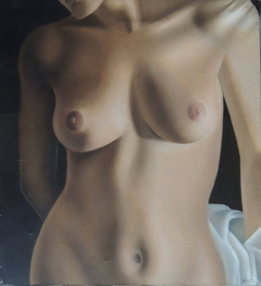 “Desnudo”, pintura figurativa contemporánea de Juan Mir con torso femenino en primer plano, iluminación tenue y composición artística de gran delicadeza.