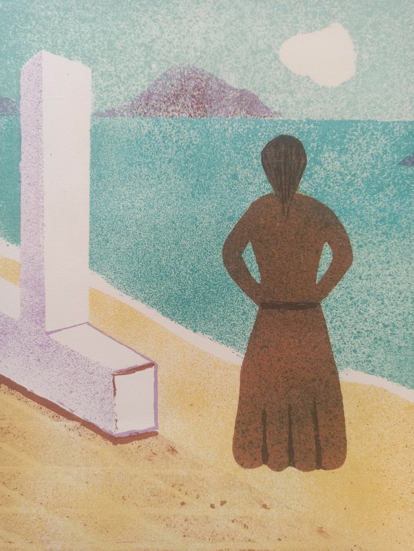Juan Navarro Ramón - La espera, litografía original con escena mediterránea y figuras frente al mar, detalle mujer mirando el paisaje marino