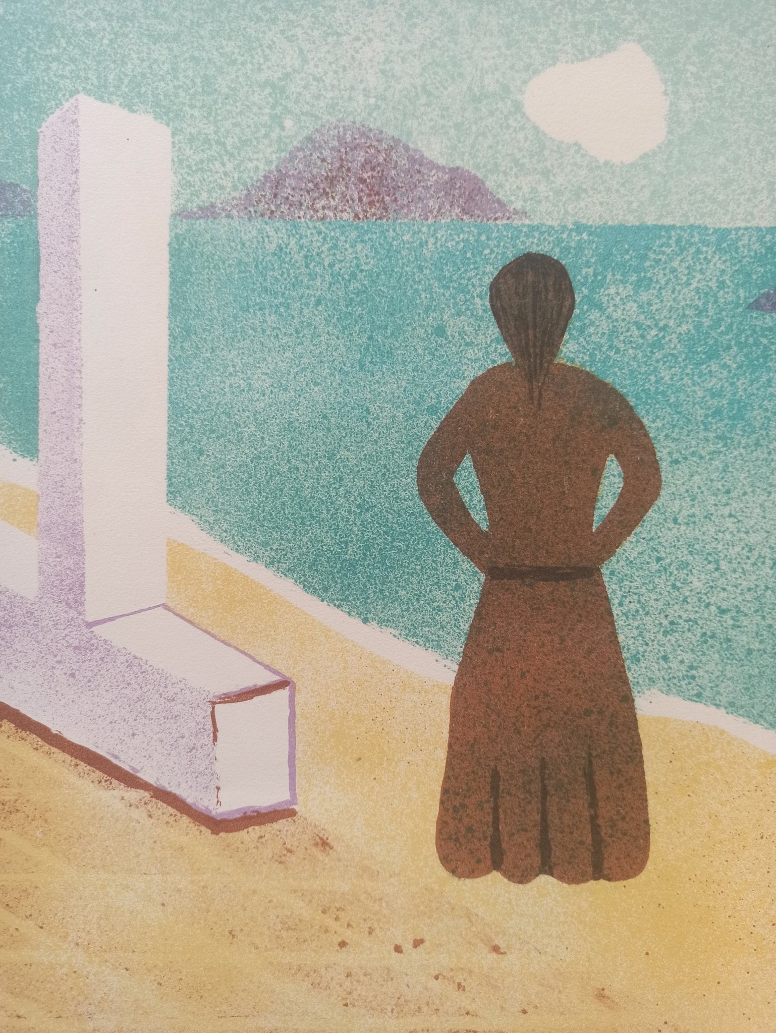 Juan Navarro Ramón - La espera, litografía original con escena mediterránea y figuras frente al mar, detalle mujer mirando el paisaje marino