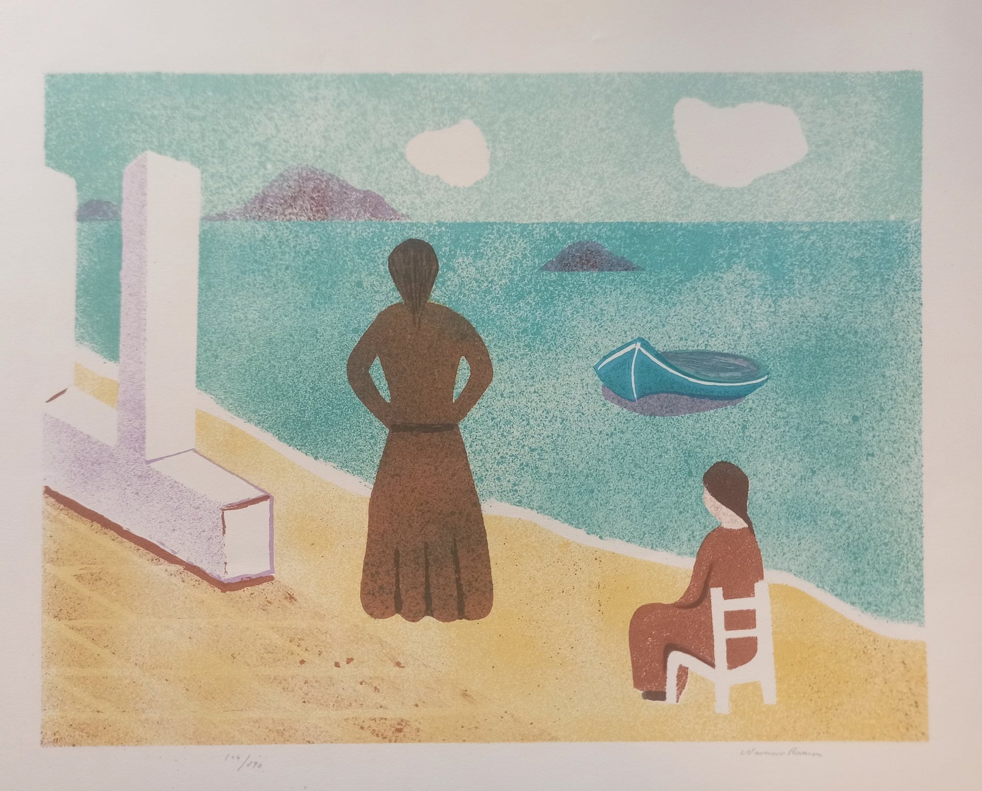 Juan Navarro Ramón - La espera, litografía original con escena mediterránea y figuras frente al mar, edicion limitada