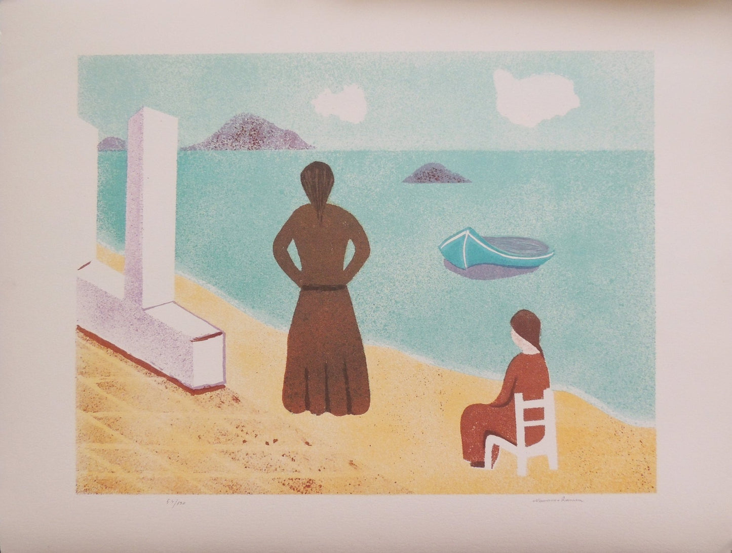 Juan Navarro Ramón - La espera, litografía original con escena mediterránea y figuras frente al mar.