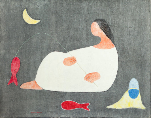 Juan Navarro Ramón, Pescadera, figura femenina con peces y luna creciente, sobre fondo gris, pintura española poética del siglo XX.