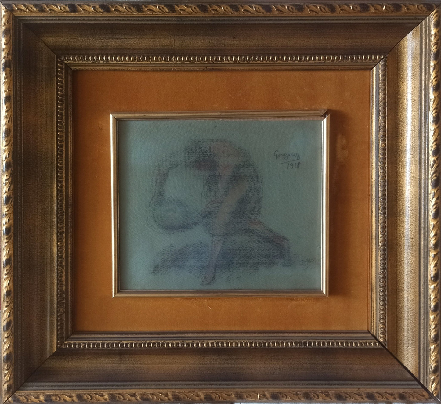 Julio González, estudio femenino en movimiento, dibujo sobre papel firmado 1918 enmarcado