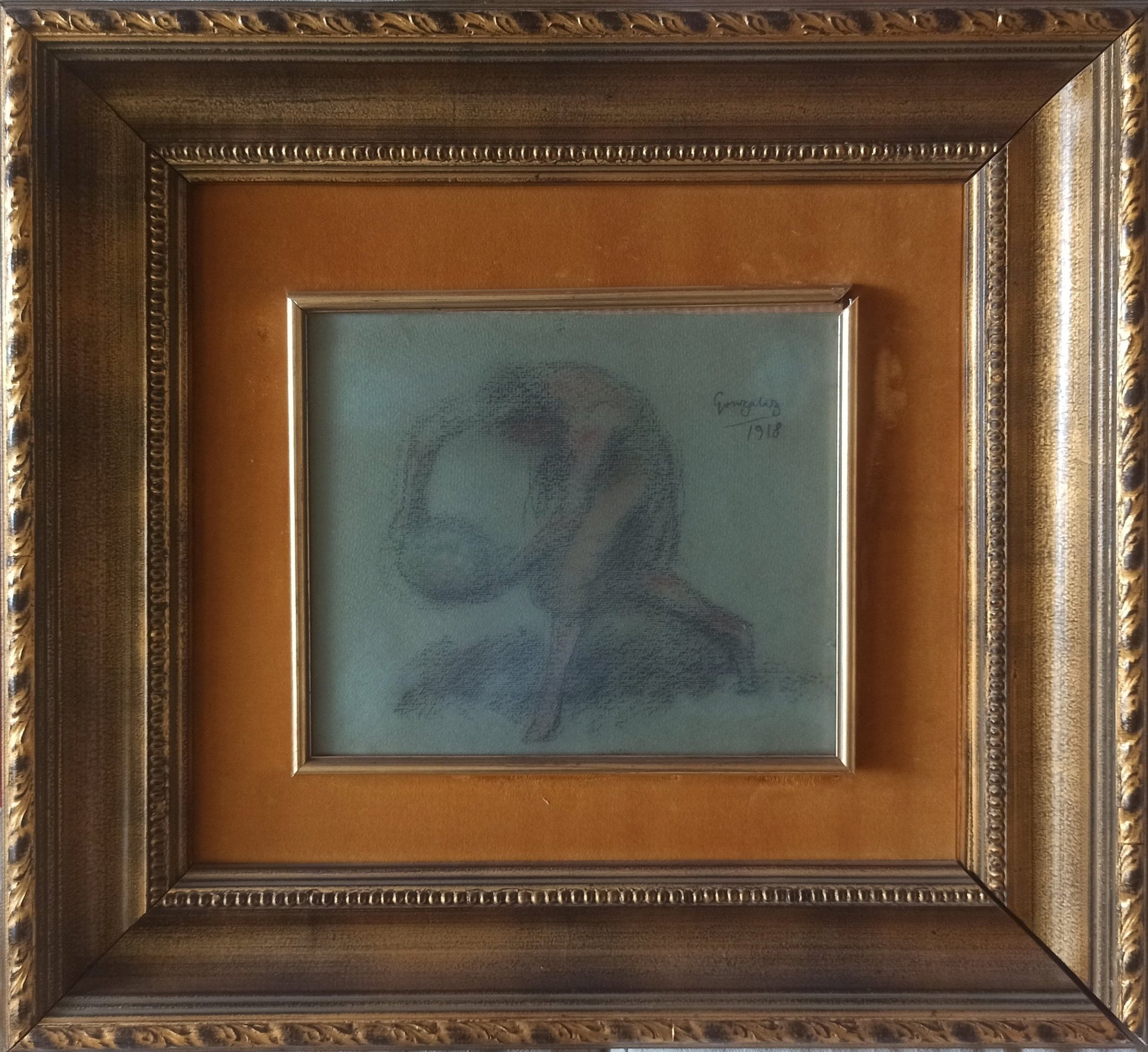 Julio González, estudio femenino en movimiento, dibujo sobre papel firmado 1918 enmarcado