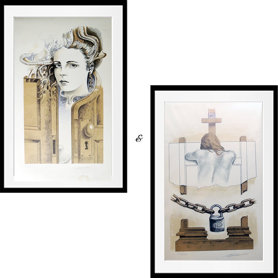 Lote de dos litografías de Alberto Pancorbo, Eleonor y Espalda encadenada, con composiciones surrealistas y simbólicas protagonizadas por figuras humanas.