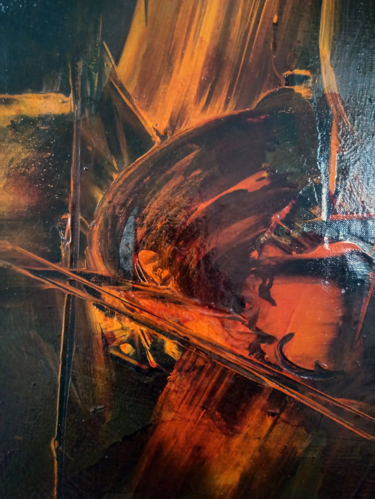 detalle de la obra unica "Abstracción" de Manuel Viola óleo abstracto informalista con tonos ocres y negros, textura matérico-gestual