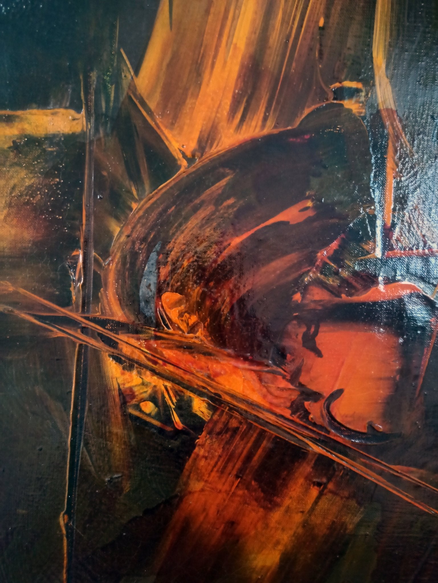 detalle de la obra unica "Abstracción" de Manuel Viola óleo abstracto informalista con tonos ocres y negros, textura matérico-gestual