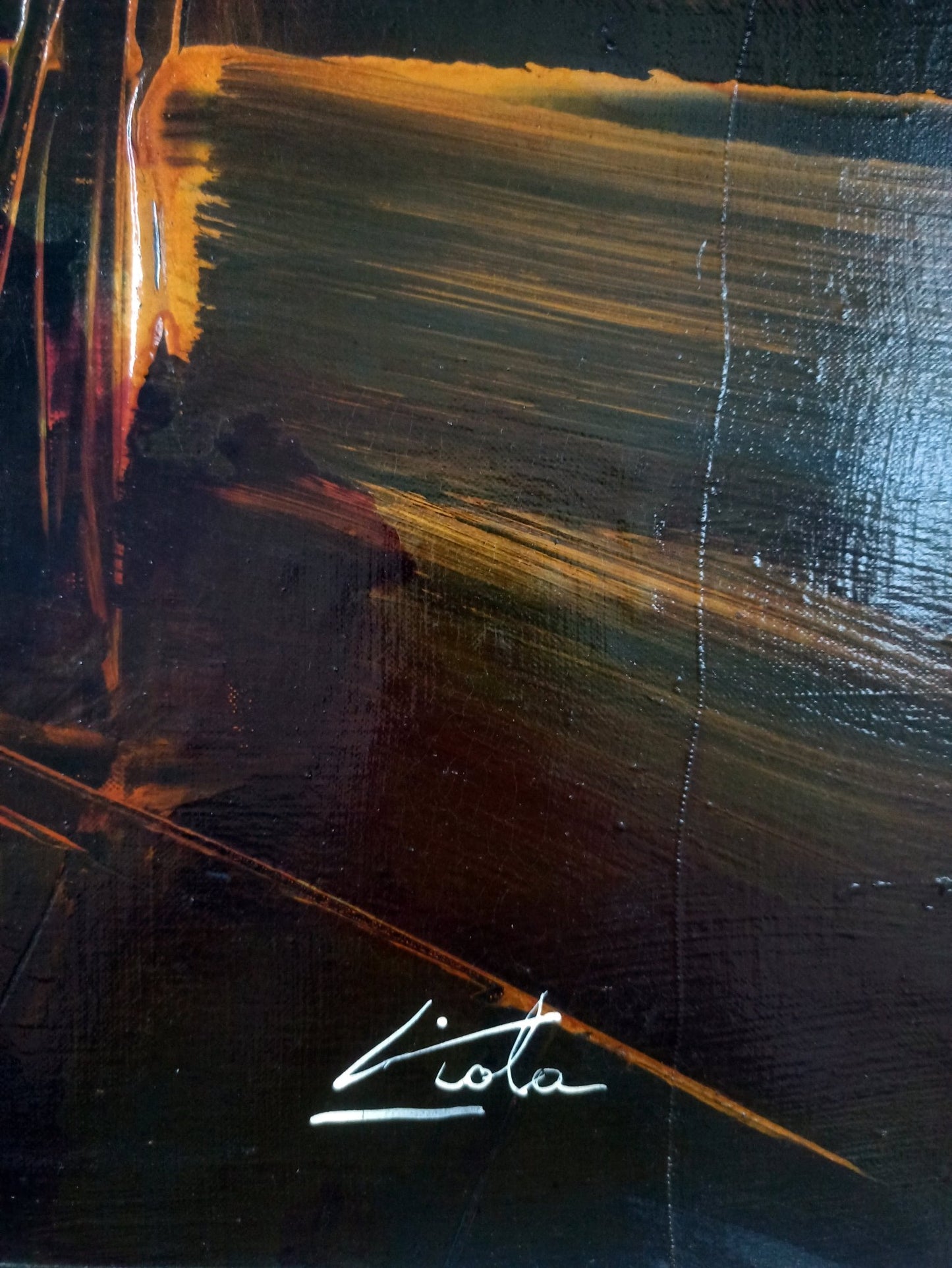 obra unica "Abstracción" de Manuel Viola óleo abstracto informalista con tonos ocres y negros, textura matérico-gestual, obra firmada