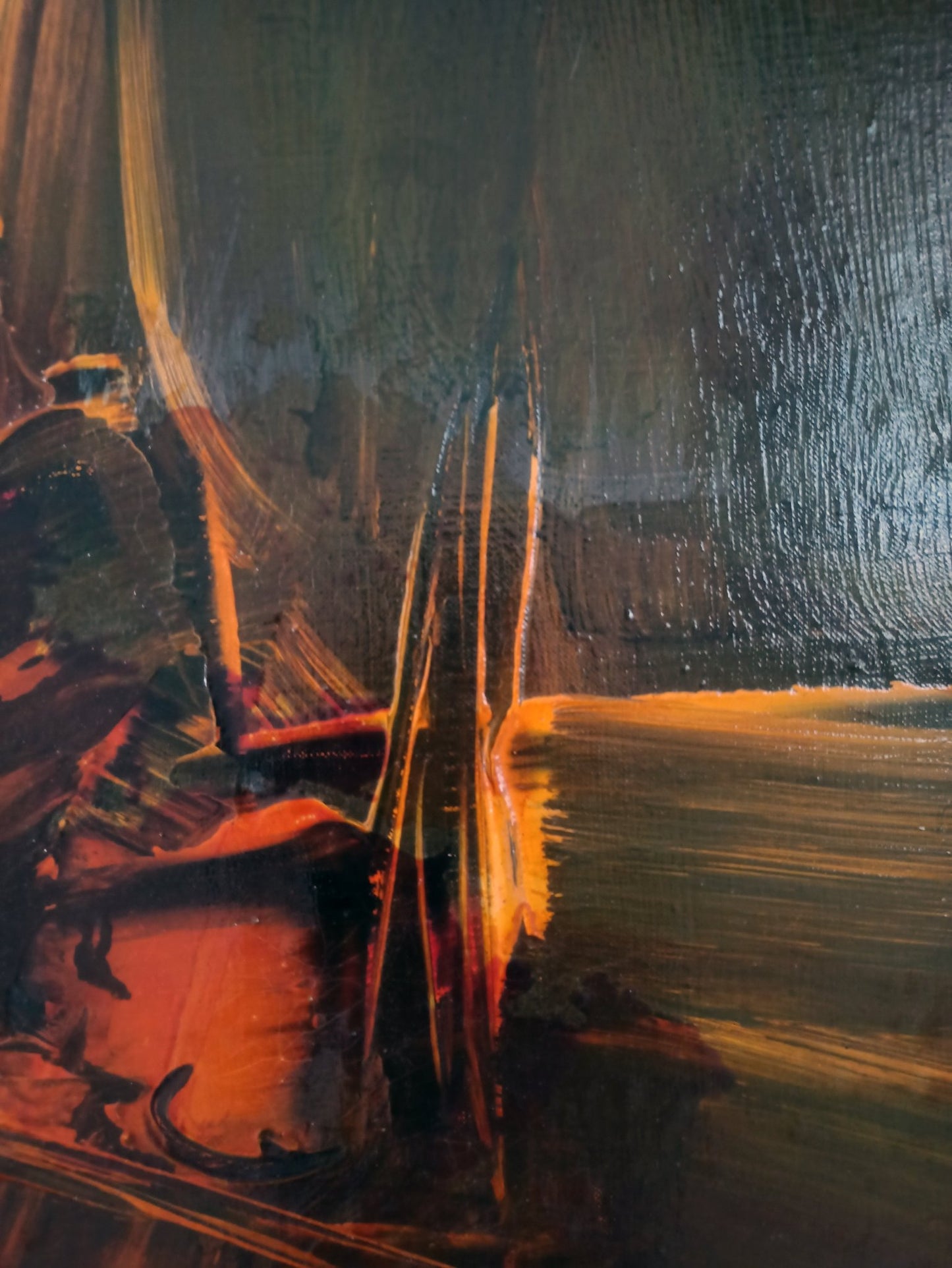 detalle de la obra unica "Abstracción" de Manuel Viola óleo abstracto informalista con tonos ocres y negros, textura matérico-gestual, colores naranja, negro