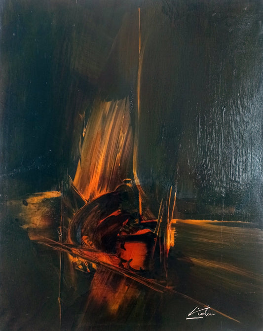 obra unica "Abstracción" de Manuel Viola óleo abstracto informalista con tonos ocres y negros, textura matérico-gestual