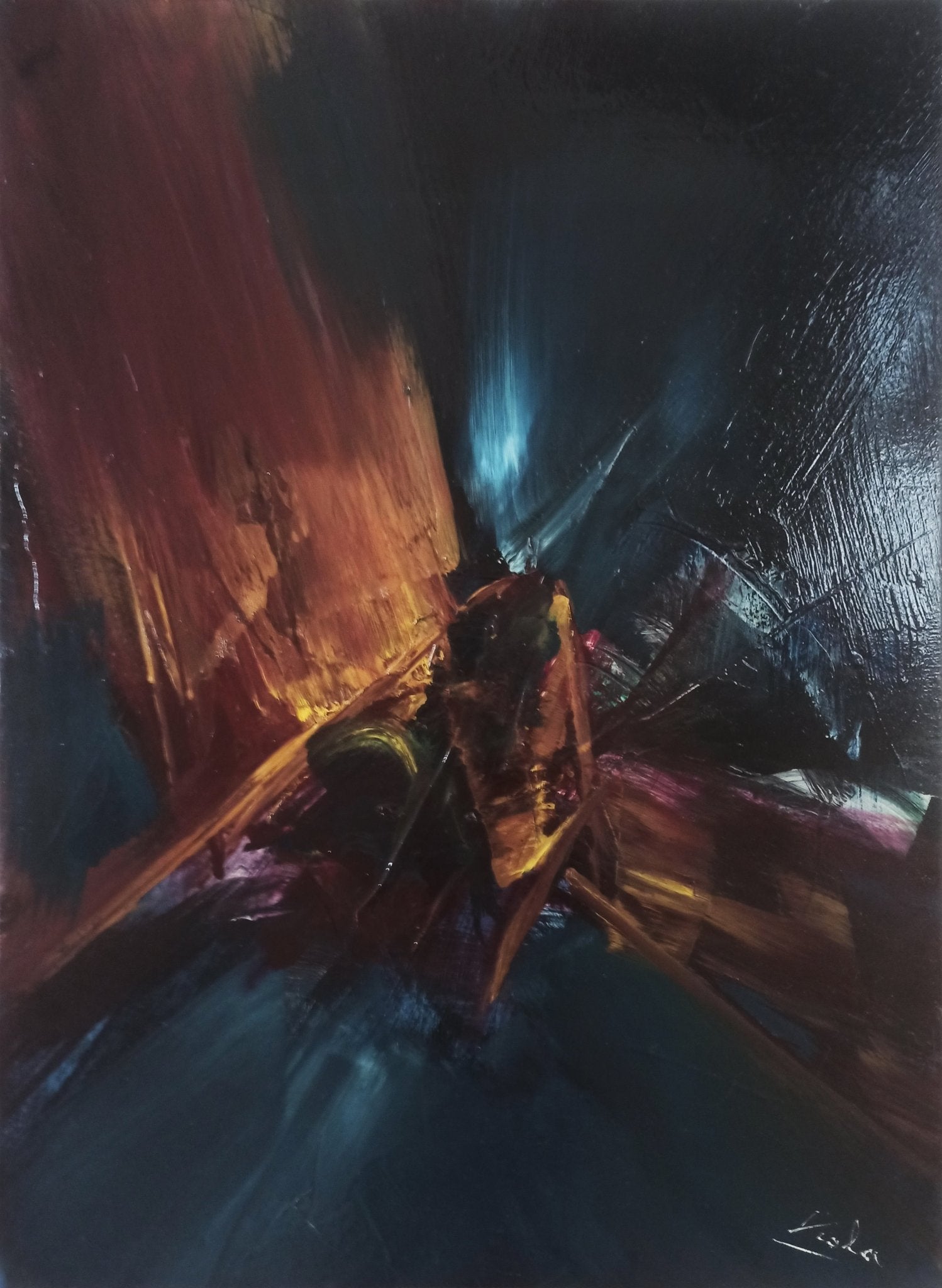 Manuel Viola Raíces de la noche pintura abstracta con azules intensos, rojos y dorados, composición gestual y atmosférica