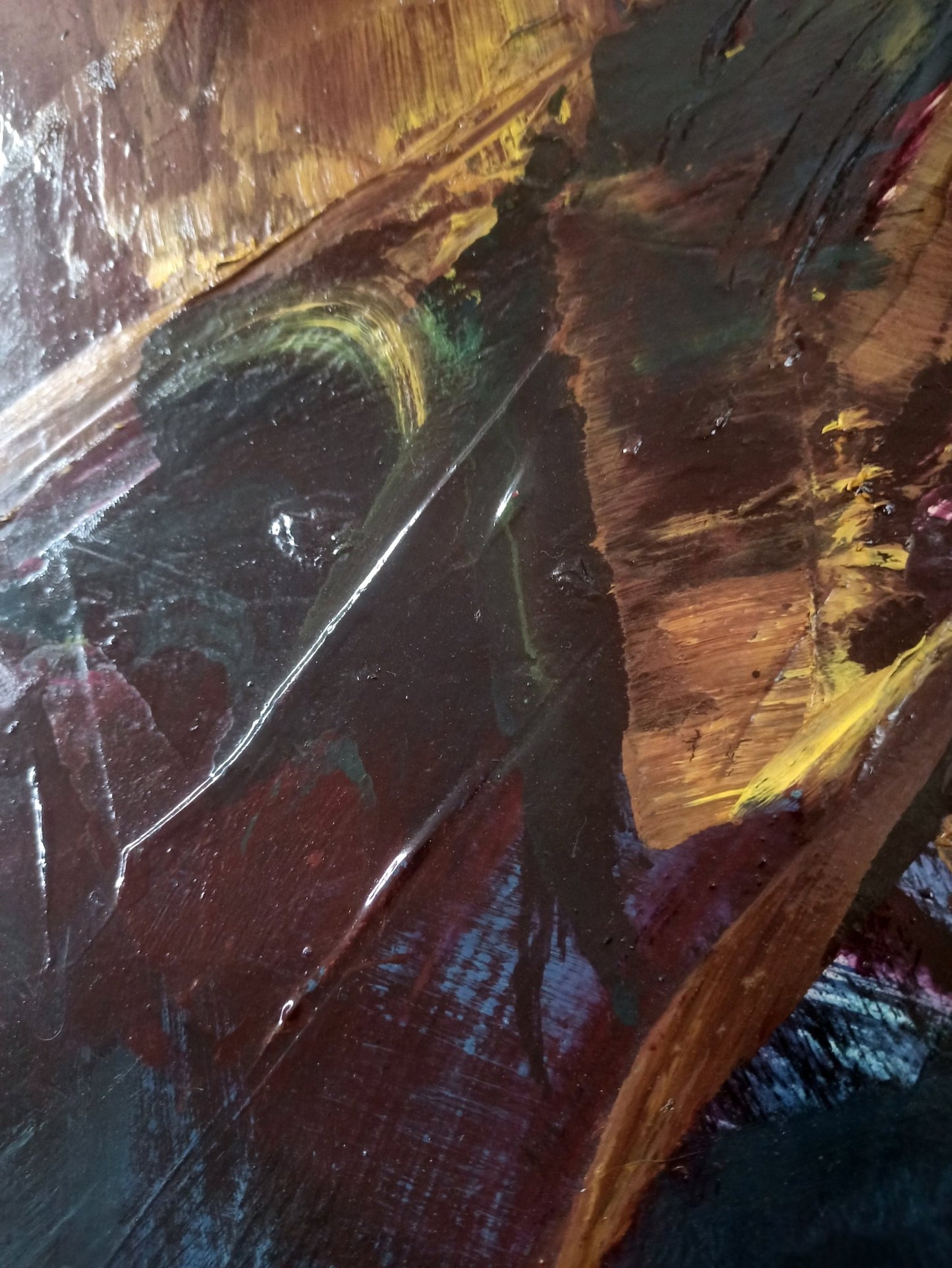 Manuel Viola Raíces de la noche pintura abstracta con azules intensos, rojos y dorados, composición gestual y atmosférica, detalle pincelada