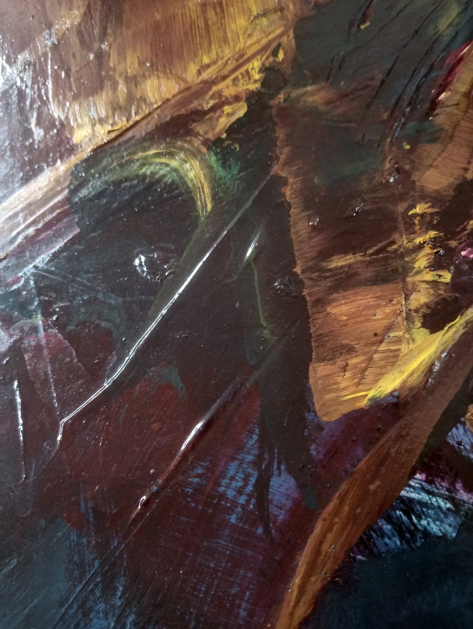 Manuel Viola Raíces de la noche pintura abstracta con azules intensos, rojos y dorados, composición gestual y atmosférica, detalle pincelada