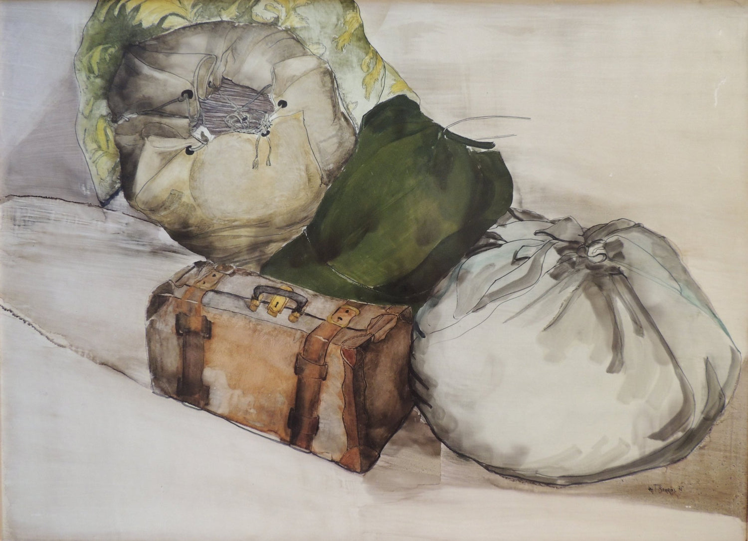 María Teresa Berríos Viaje, pintura figurativa con maleta antigua, sacos y textiles tradicionales, obra inspirada en la cultura rural boliviana y el concepto de viaje.