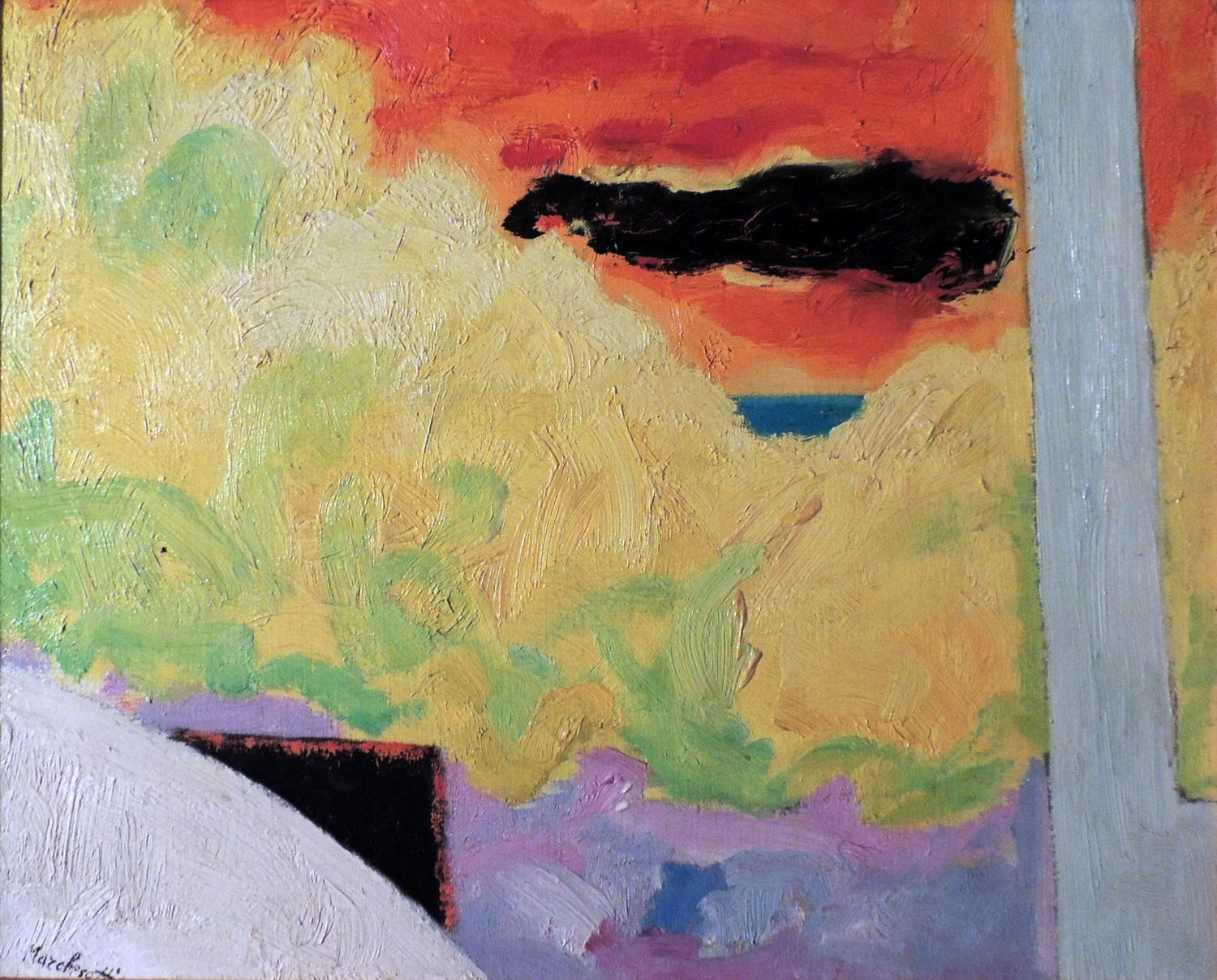 Massimo Marchesotti, Cespuglio giallo e nuvole nere. Pintura expresionista de paisaje con arbustos amarillos, nubes oscuras y pincelada matérica.