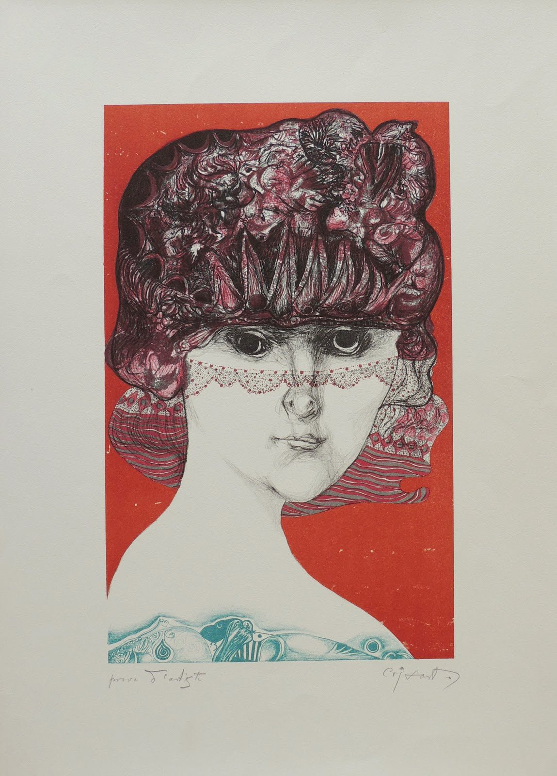 Litografia de Modest Cuixart Joven con sombrero, retrato expresionista de figura femenina con estética surrealista y vanguardia catalana.