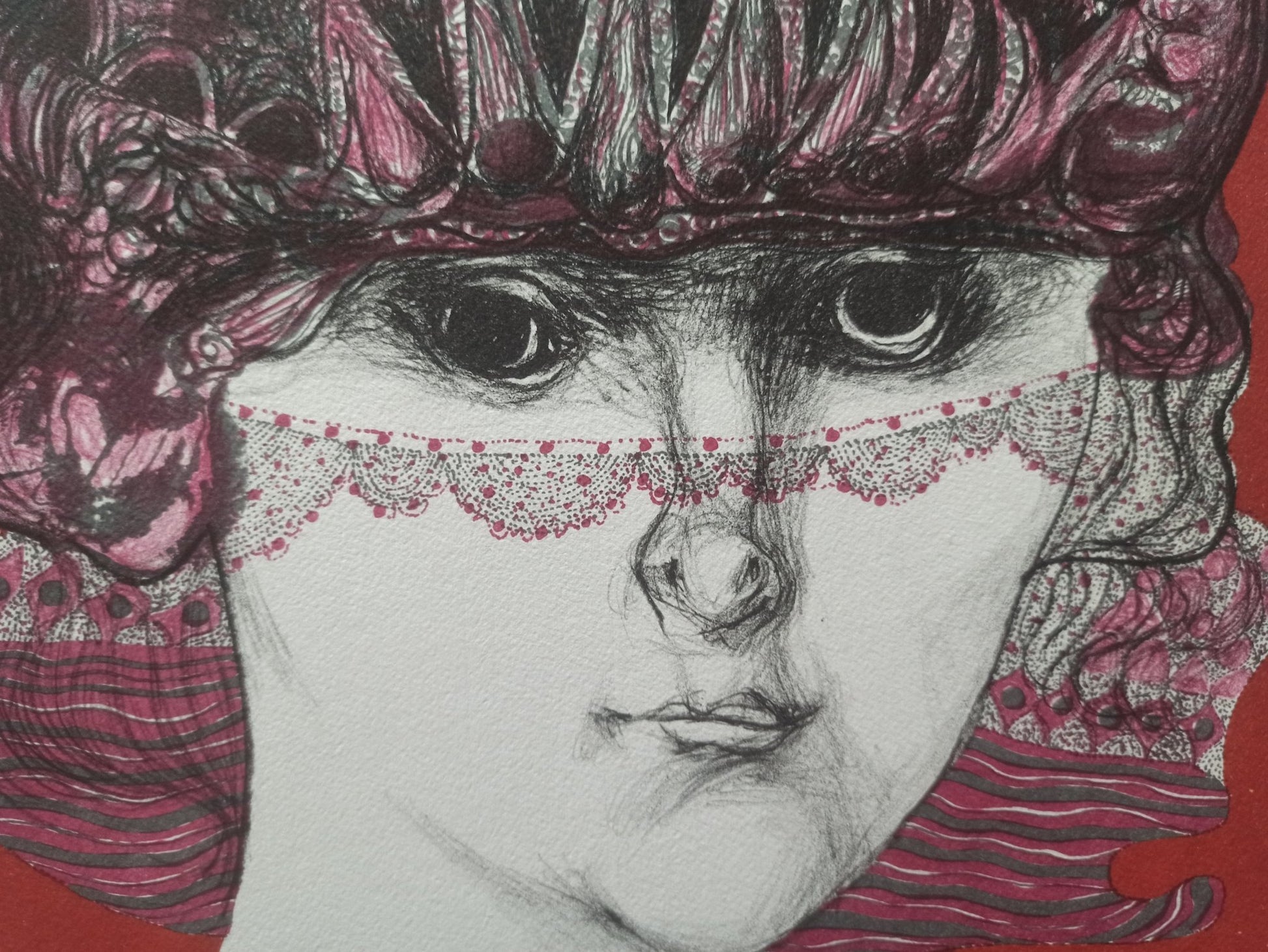 Litografia de Modest Cuixart Joven con sombrero, retrato expresionista de figura femenina detalle ojos