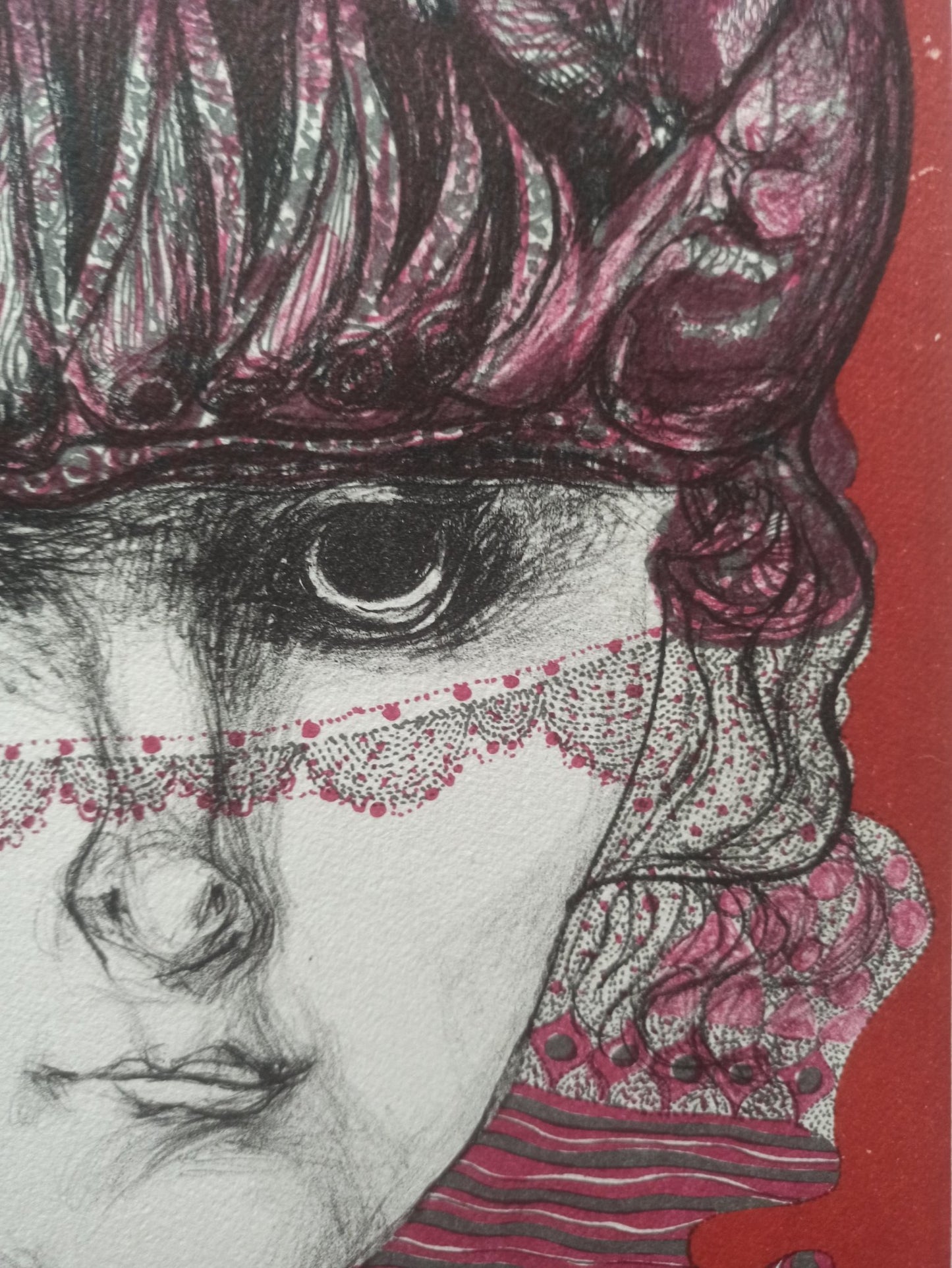 Litografia de Modest Cuixart Joven con sombrero, retrato expresionista de figura femenina detalle rostro