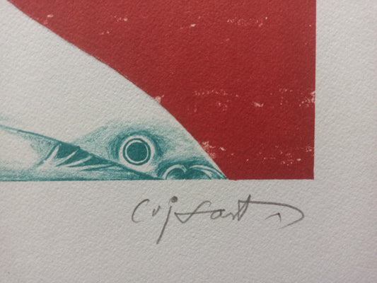 Litografia de Modest Cuixart Joven con sombrero, retrato expresionista de figura femenina con estética surrealista y vanguardia catalana, detalle firma