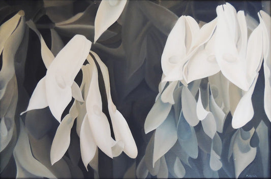 Montse Ayats Calas pintura figurativa de flores calas blancas con fondo suave y atmósfera serena