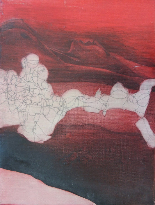 Óscar César Mara, La hora inútil, pintura contemporánea abstracta en tonos rojos con figura orgánica y atmósfera introspectiva.