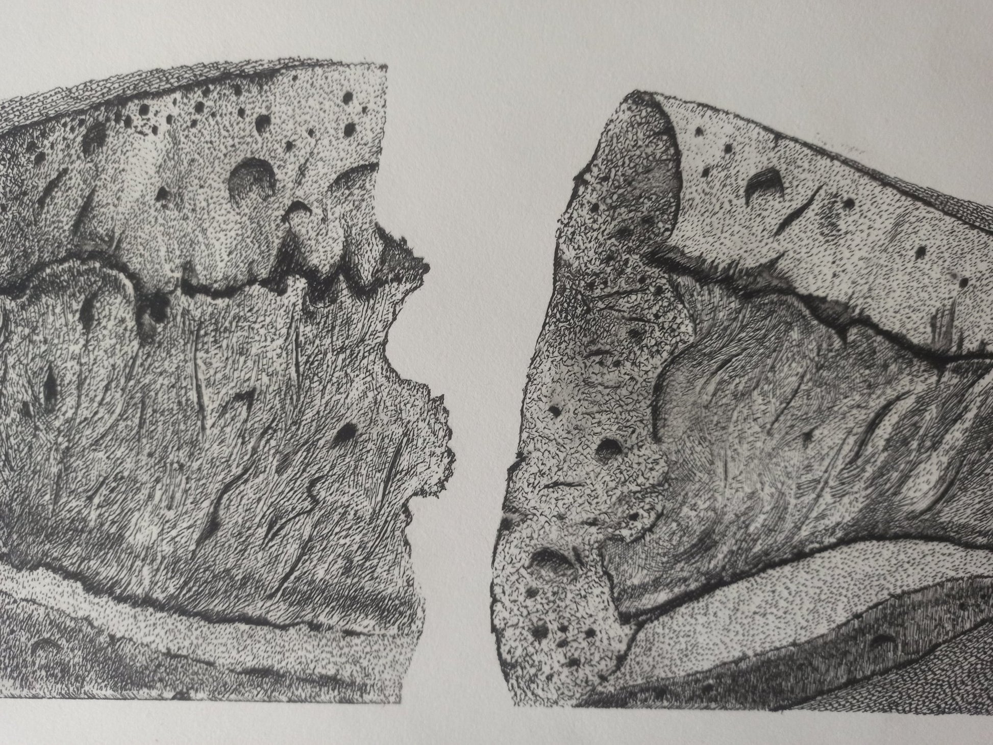 Aguafuerte de Pablo Serrano, Barra de Pan, obra gráfica original sobre el pan como símbolo de unión, amor y solidaridad en el arte contemporáneo español, detalle