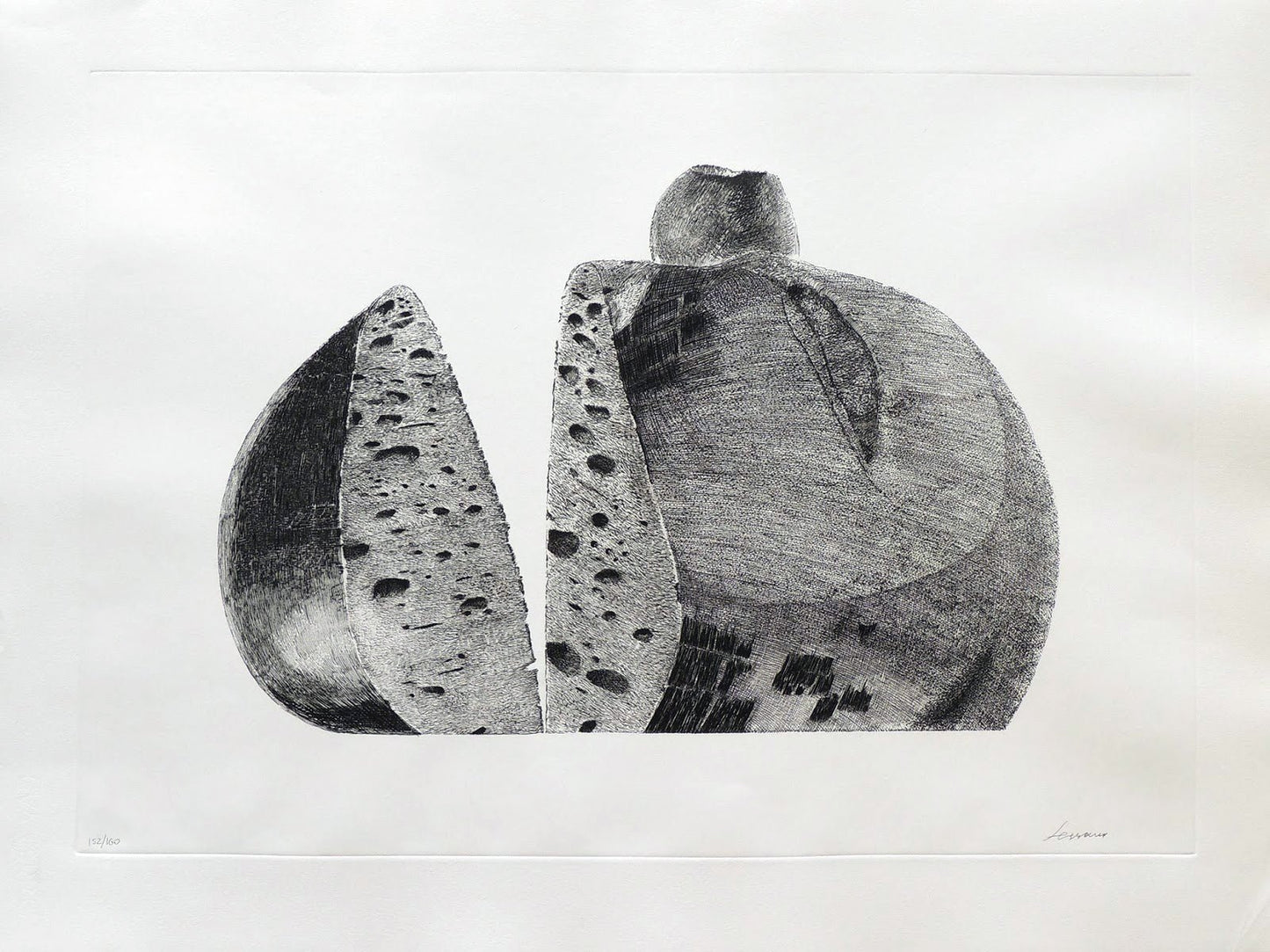 Aguafuerte de Pablo Serrano, Hogaza con manzana, obra gráfica original sobre el pan como símbolo de unión, amor y solidaridad en el arte contemporáneo