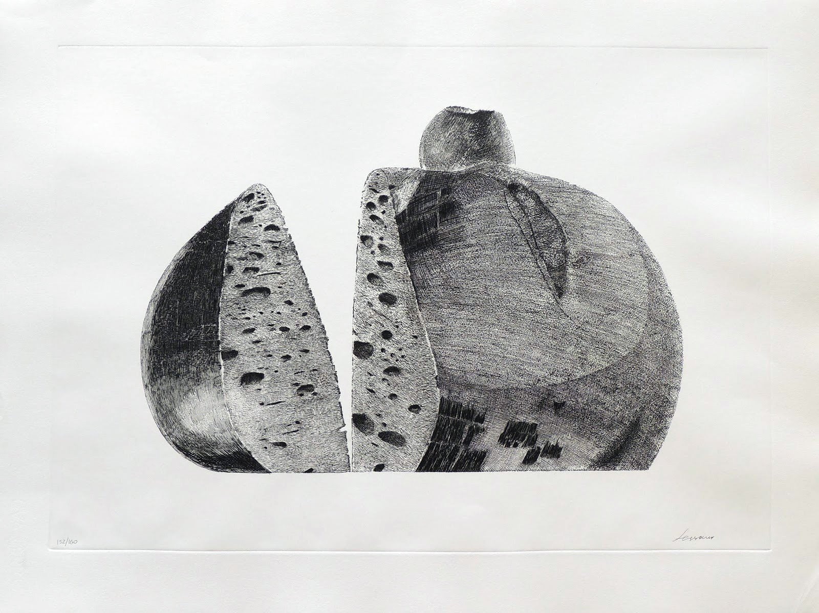 Aguafuerte de Pablo Serrano, Hogaza con manzana, obra gráfica original sobre el pan como símbolo de unión, amor y solidaridad en el arte contemporáneo