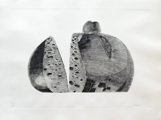 Aguafuerte de Pablo Serrano, Hogaza con manzana, obra gráfica original sobre el pan como símbolo de unión, amor y solidaridad en el arte contemporáneo