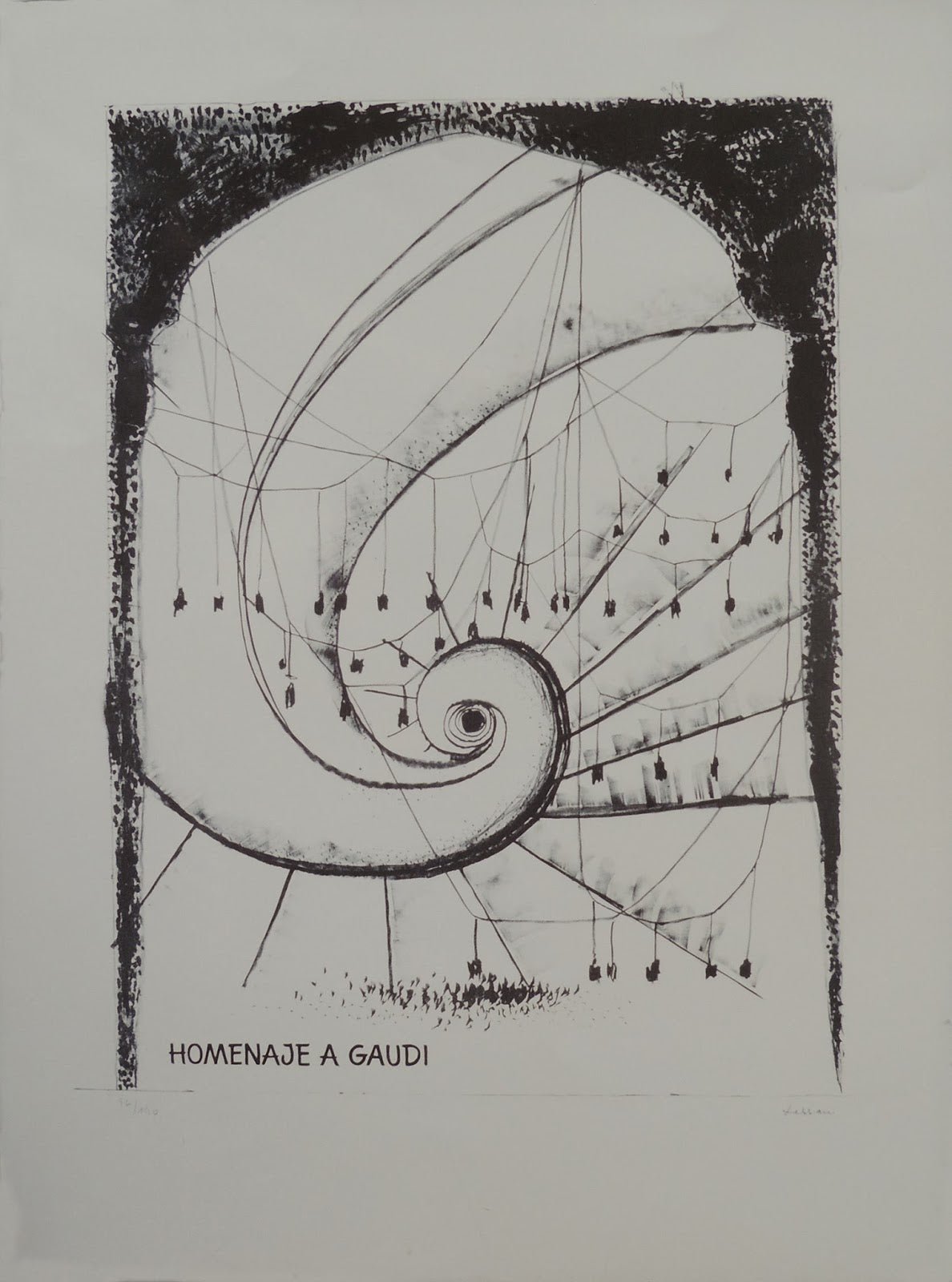 Litografía de Pablo Serrano, Homenaje a Gaudí, obra gráfica original inspirada en la arquitectura de Antoni Gaudí, arte contemporáneo español detalle