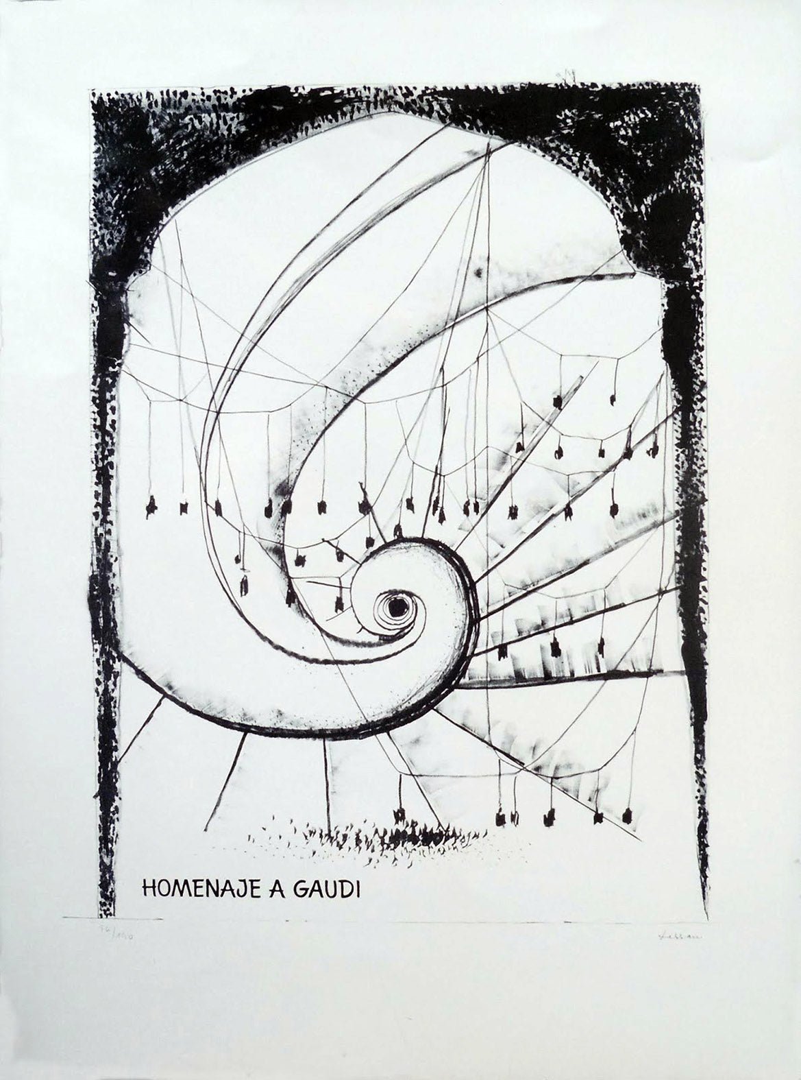 Litografía de Pablo Serrano, Homenaje a Gaudí, obra gráfica original inspirada en la arquitectura de Antoni Gaudí, arte contemporáneo español