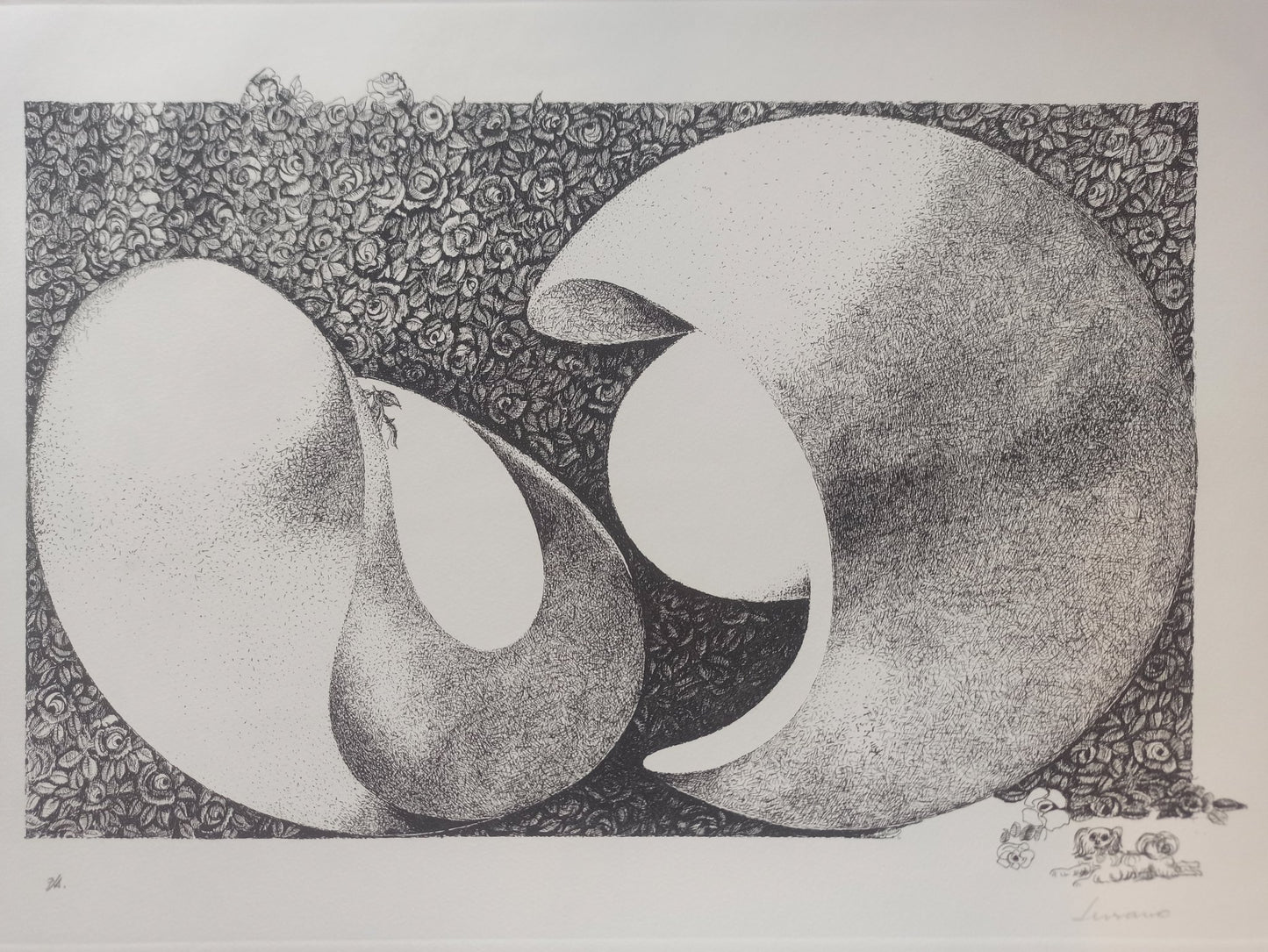 Aguafuerte de Pablo Serrano, Unidad-Yunta, obra gráfica original sobre la dualidad de fuerzas opuestas, materia y espíritu, arte contemporáneo español, detalle justificado
