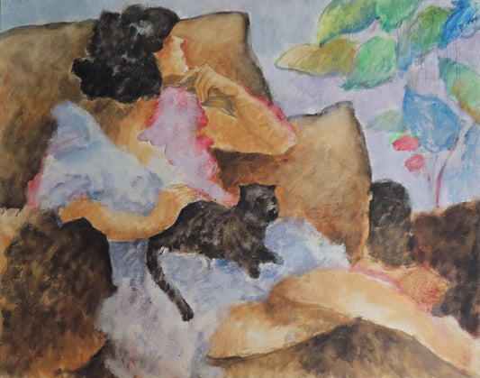cuadro original de vendor Pedro Soler - Mujer y gato arte contemporáneo en Gaudifond
