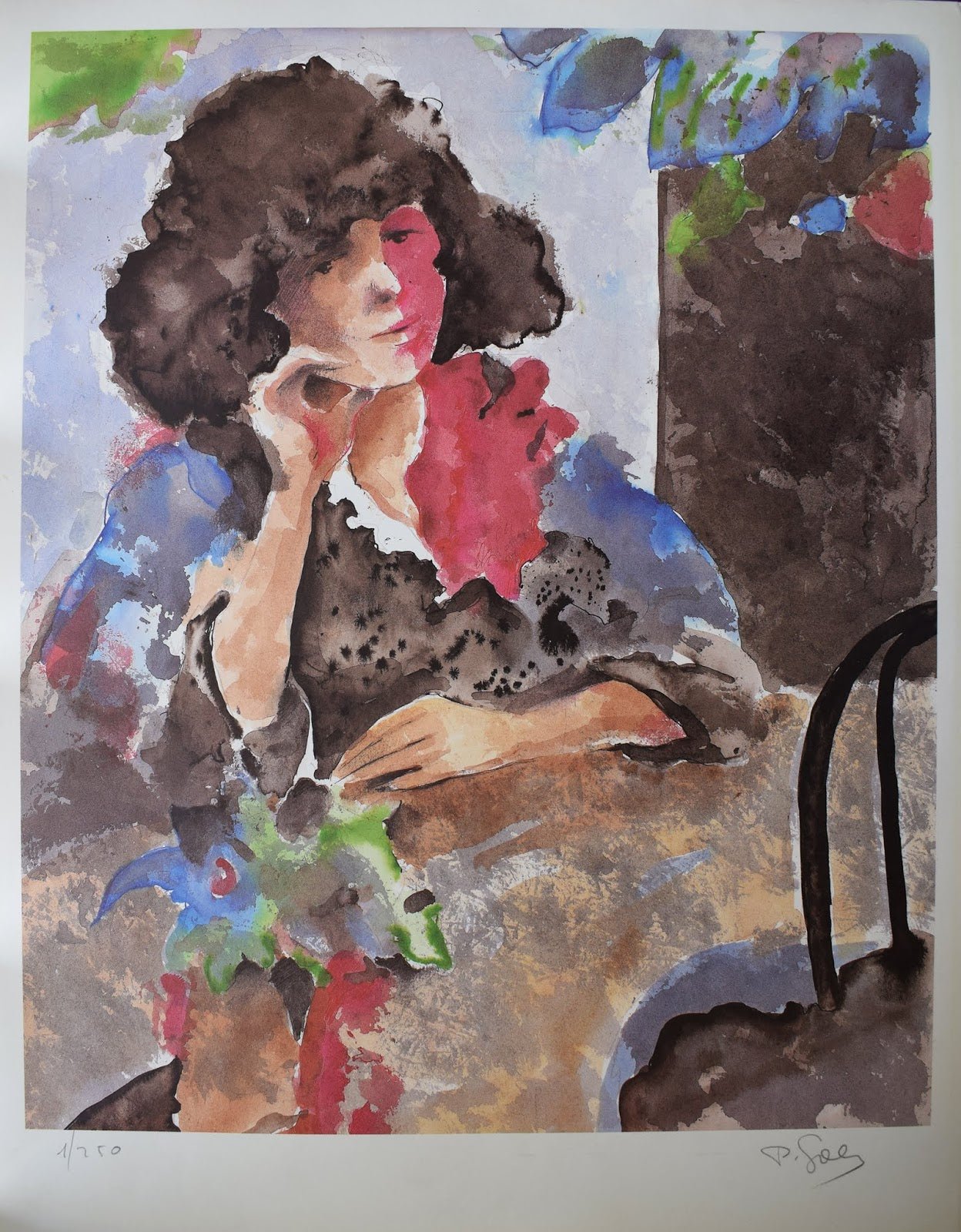Pedro Soler Pensativa serigrafía original con retrato femenino figurativo en tonos azules, rosas y ocres de estilo contemporáneo.
