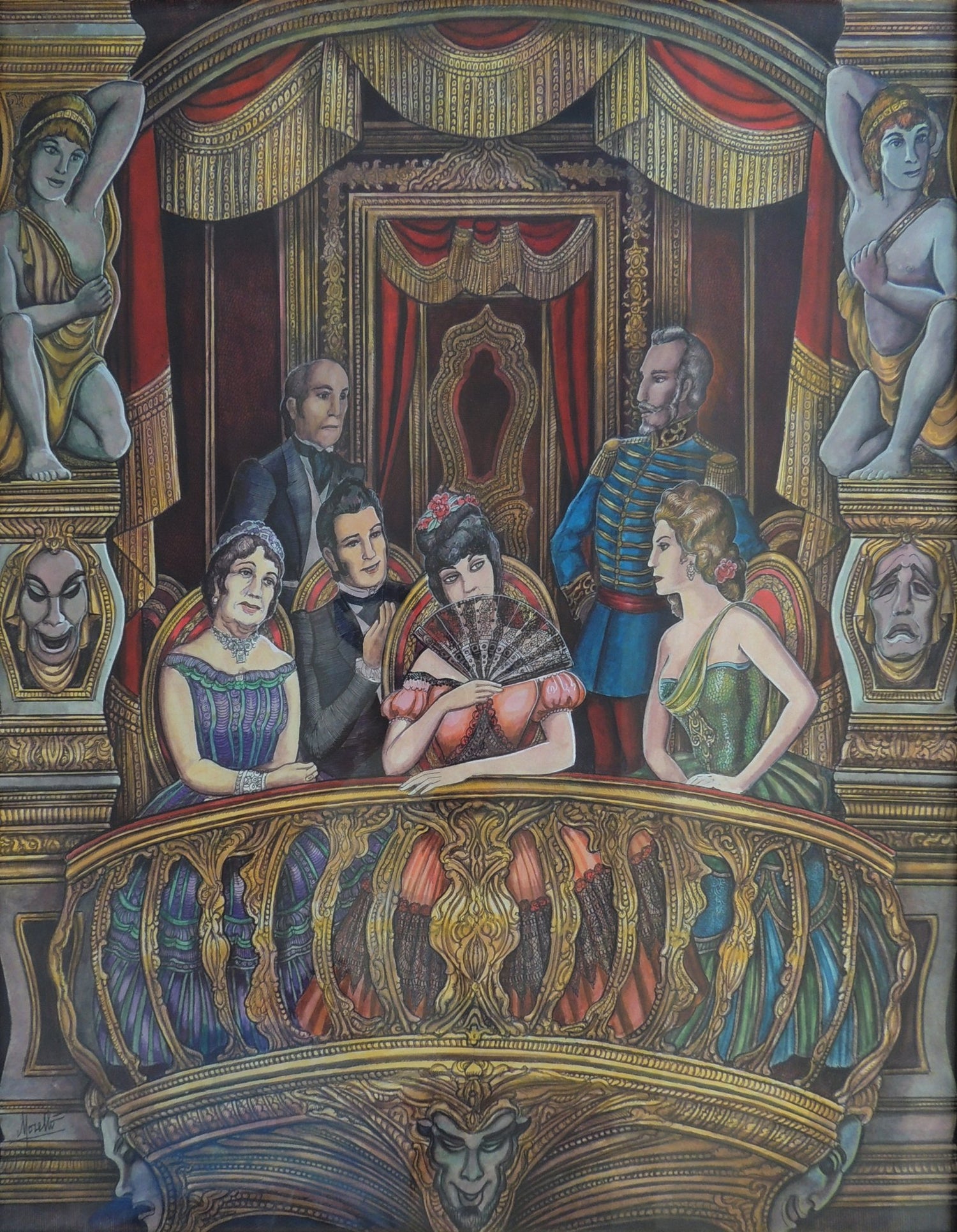 Ramón López Morelló El palco rojo pintura al acuarela escena teatral elegante