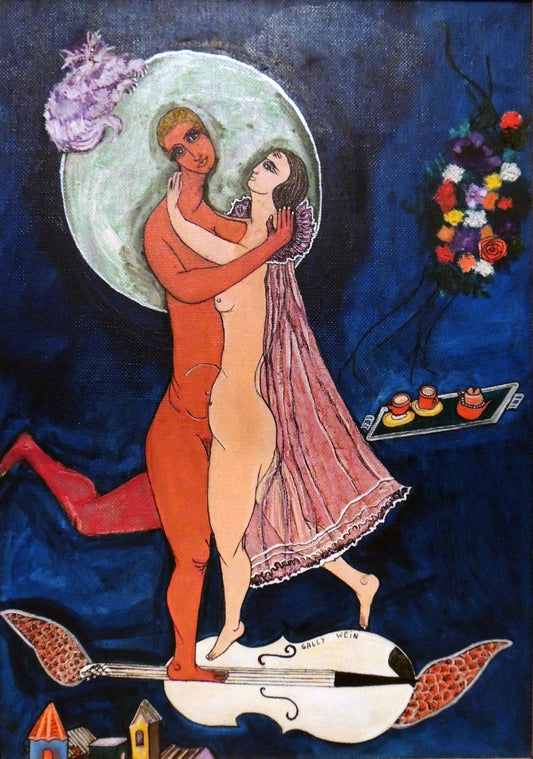 Nupcias de Sally Weintraub, pintura contemporánea de carácter simbólico que reflexiona sobre la unión de dos seres, el amor, la complementariedad y la transformación compartida mediante una composición poética y expresiva.