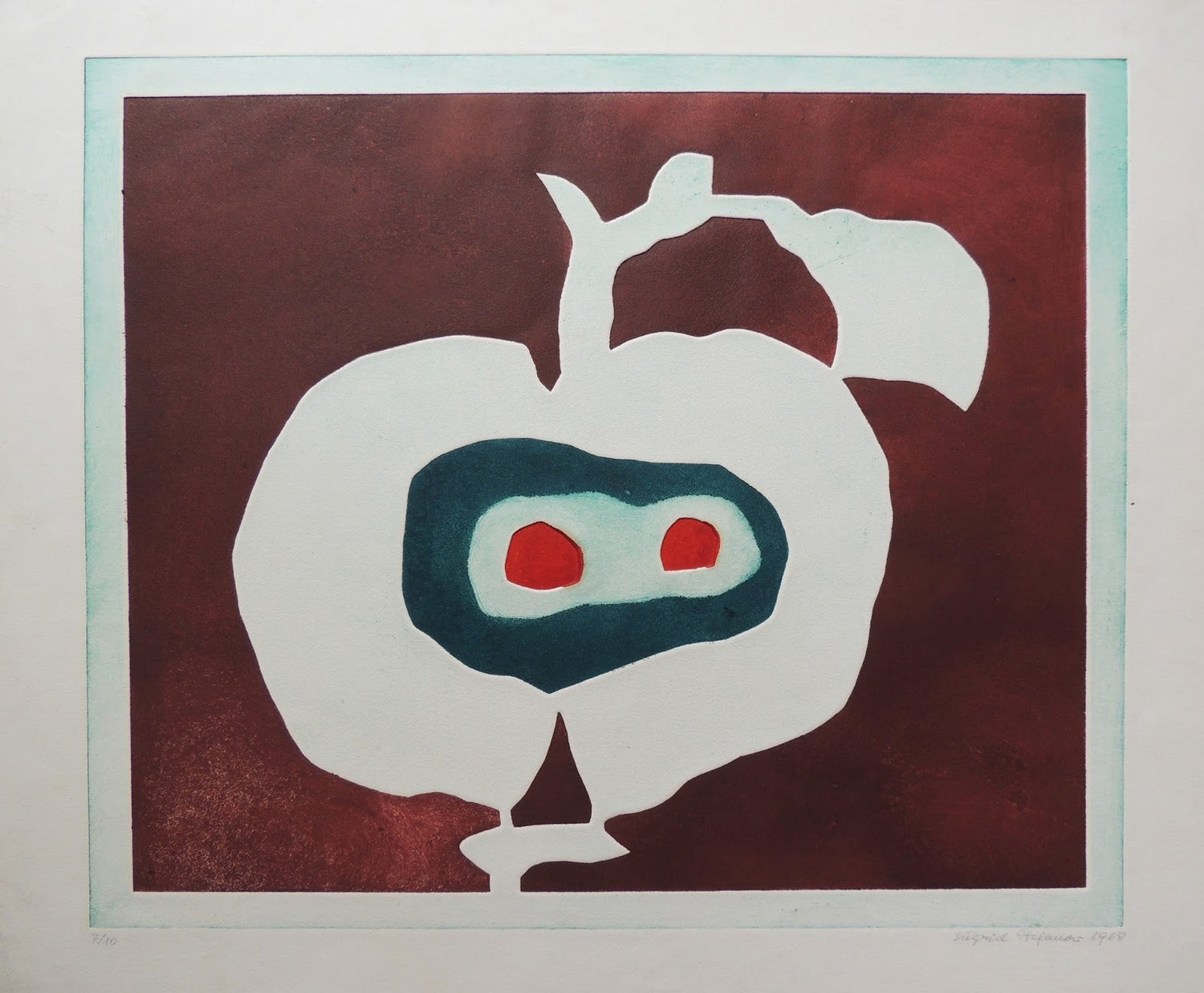 Litografía Manzana de Siegrid Stefanow, composición contemporánea con forma de manzana blanca sobre fondo burdeos y detalles abstractos en tonos rojo y verde.