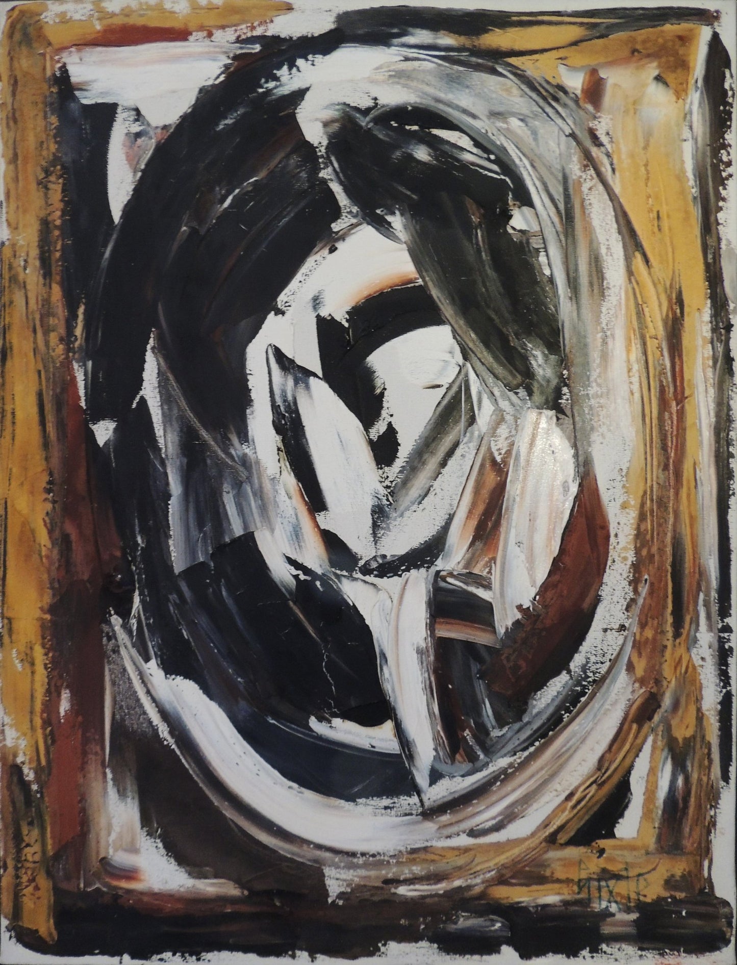 Sixte Blasco Pórtico pintura abstracta expresionista en negro blanco y ocres con composición gestual contemporánea