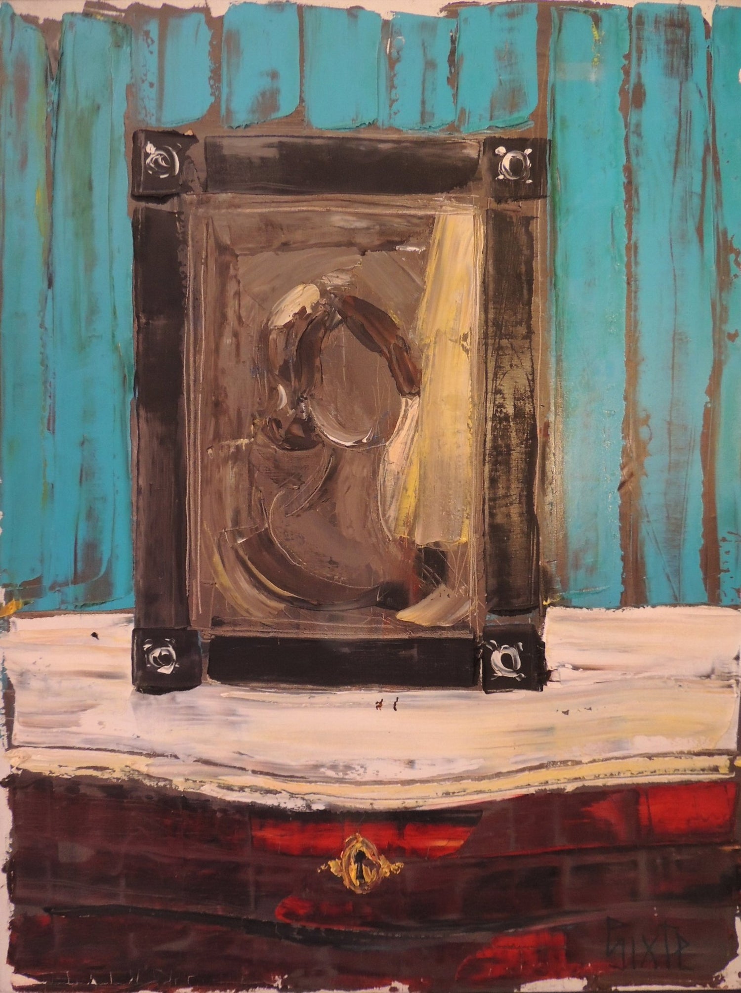 Sixte Blasco Retrat II pintura contemporánea abstracta con figura humana en tonos turquesa y marrones Gaudifond