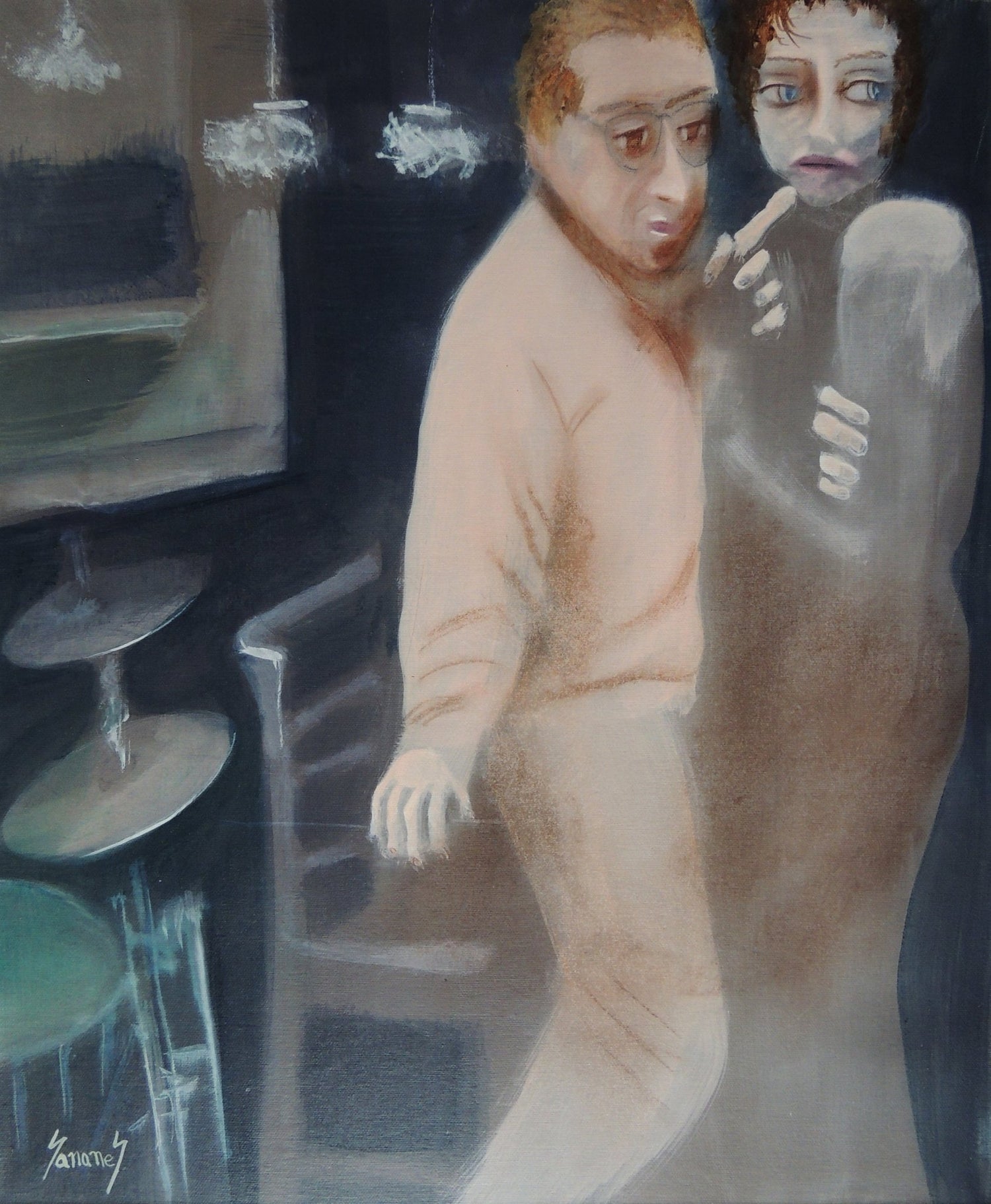 Soledad de Sonja Sananes, pintura figurativa contemporánea que representa dos figuras humanas en un interior oscuro, evocando aislamiento, vulnerabilidad y tensión emocional.