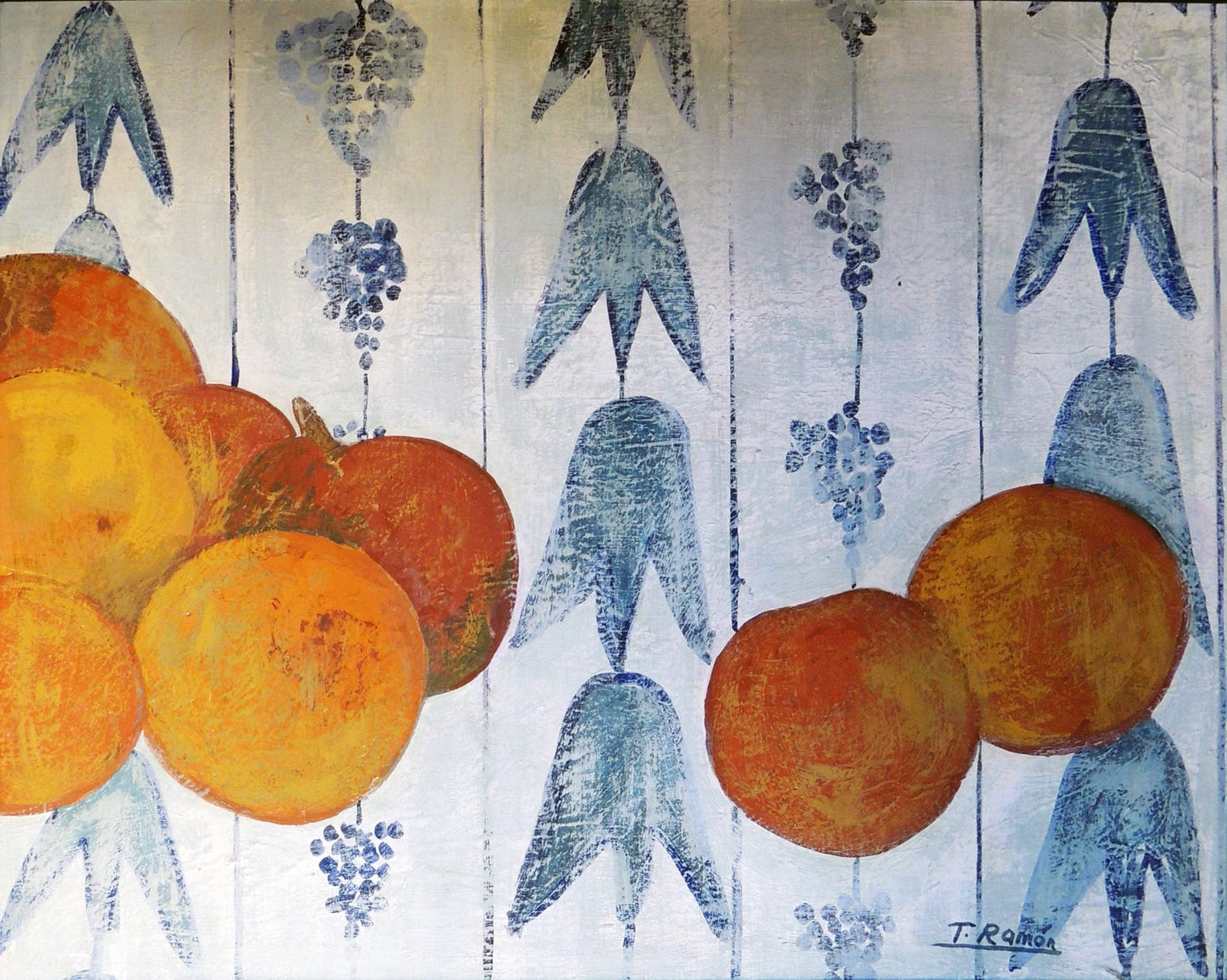 Pintura al óleo de Teresa Ramón, “Frutas”, naturaleza muerta contemporánea con composición de frutas y colores cálidos