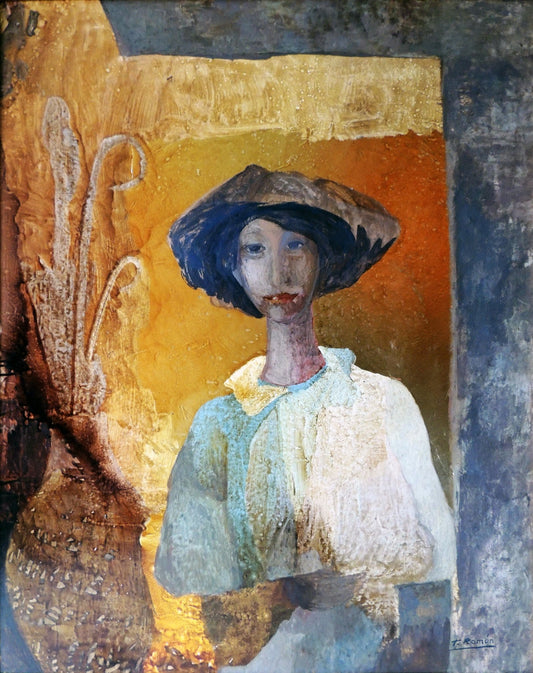 Pintura al óleo de Teresa Ramón, “Señora en una tienda de paraguas”, retrato femenino contemporáneo en tonos cálidos, dorado y azules con atmósfera íntima y narrativa sutil, que transmite serenidad, elegancia y profundidad emocional.
