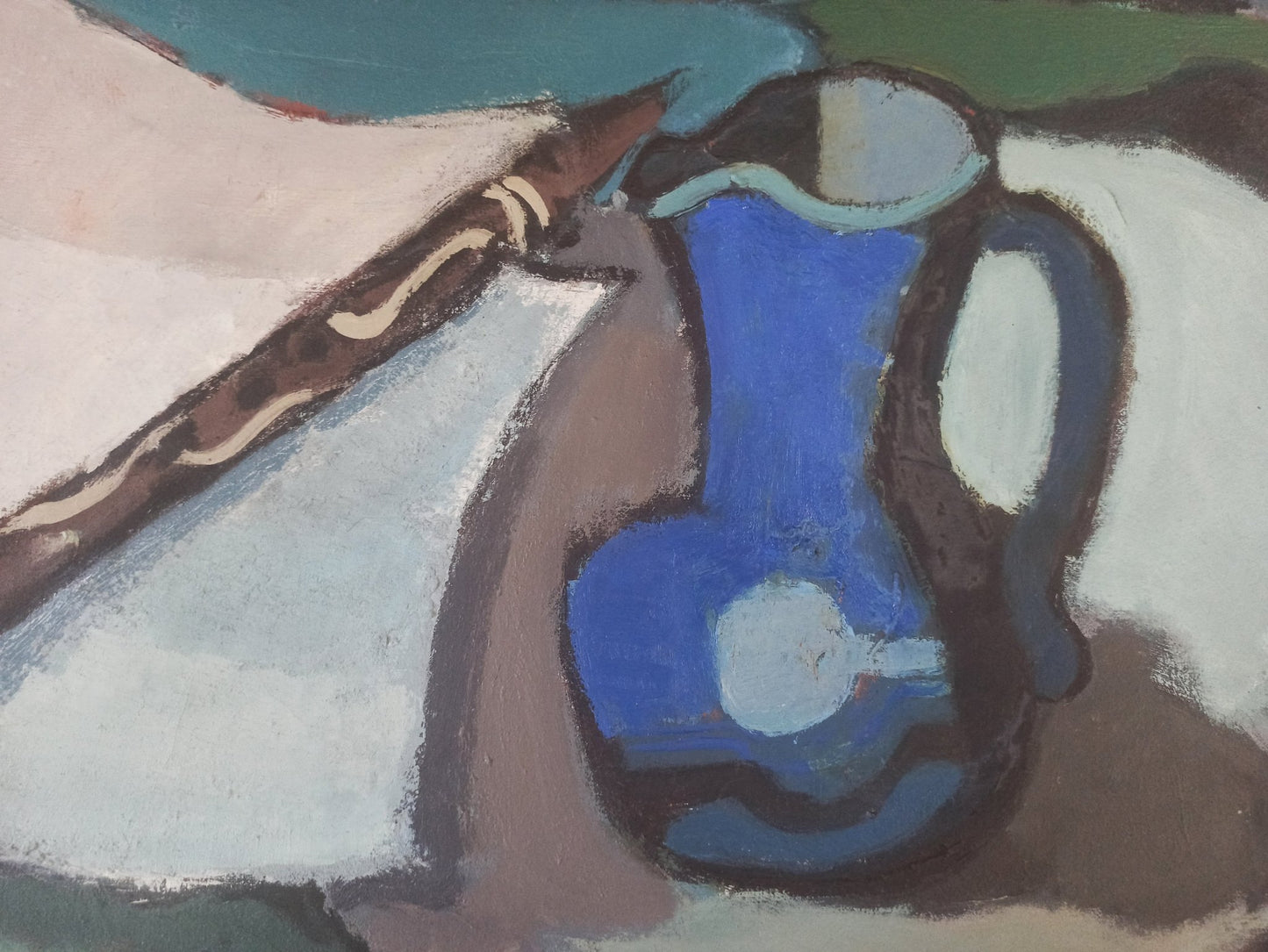 Willy Ramos Bodegón con clarinete pintura expresionista con clarinete y jarrón azul en composición abstracta detalle 