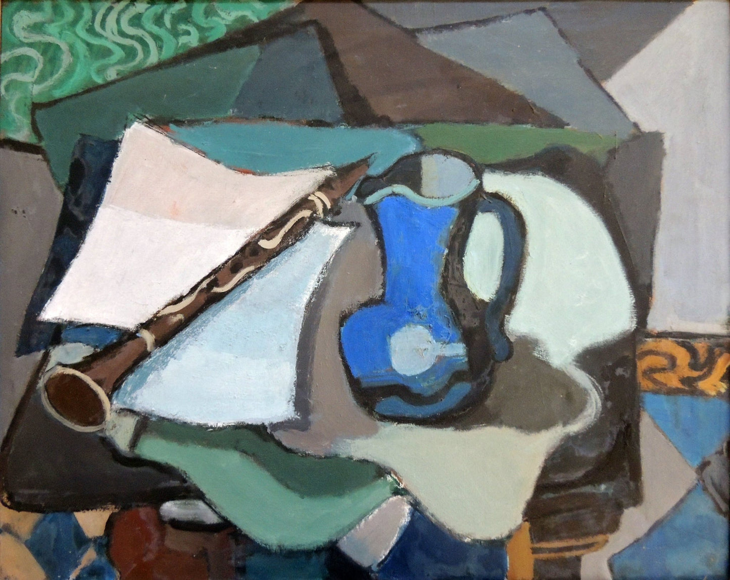 Willy Ramos Bodegón con clarinete pintura expresionista con clarinete y jarrón azul en composición abstracta