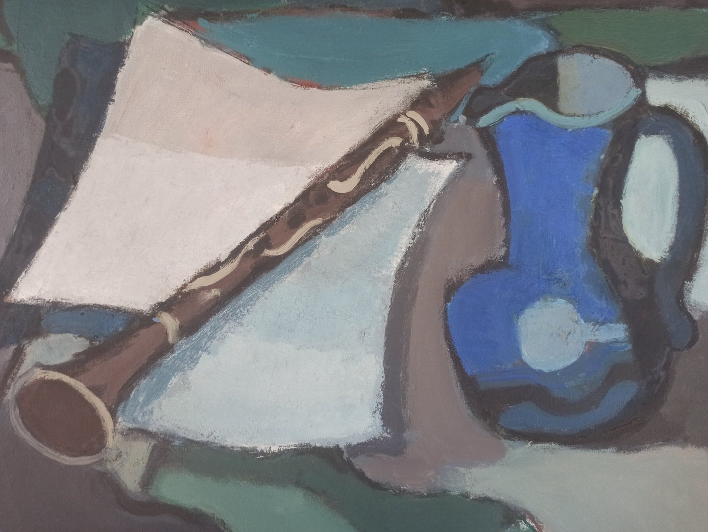 Willy Ramos Bodegón con clarinete pintura expresionista con clarinete y jarrón azul en composición abstracta tonos verdes