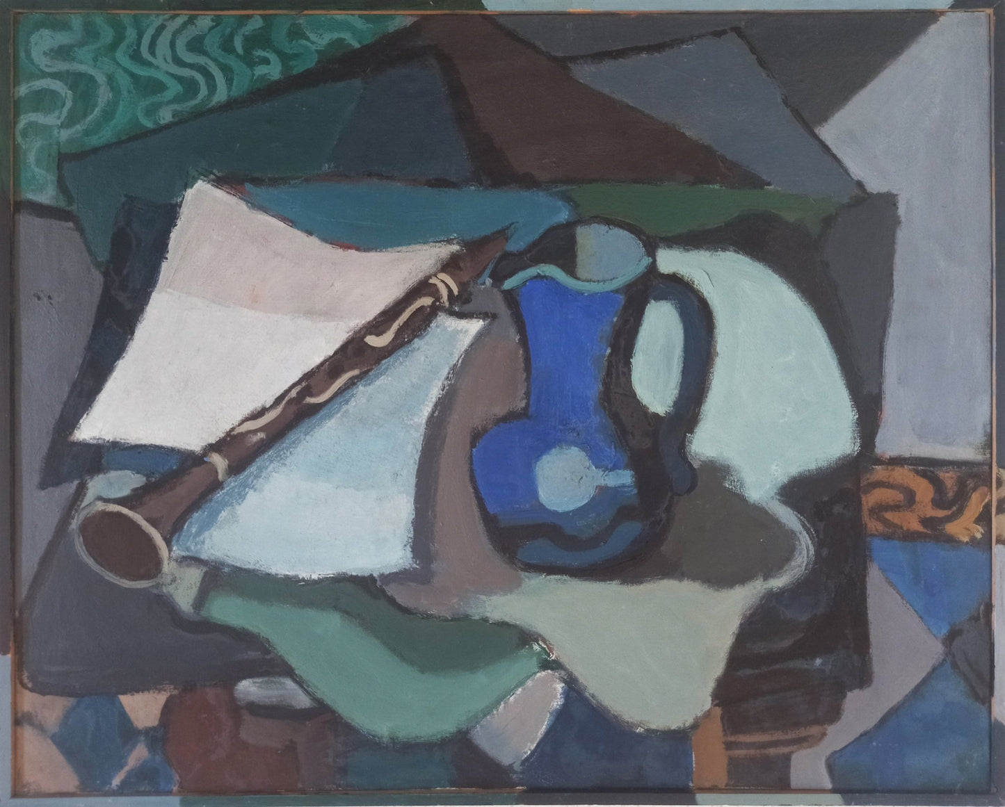 Willy Ramos Bodegón con clarinete pintura expresionista con clarinete y jarrón azul en composición abstracta enmarcada